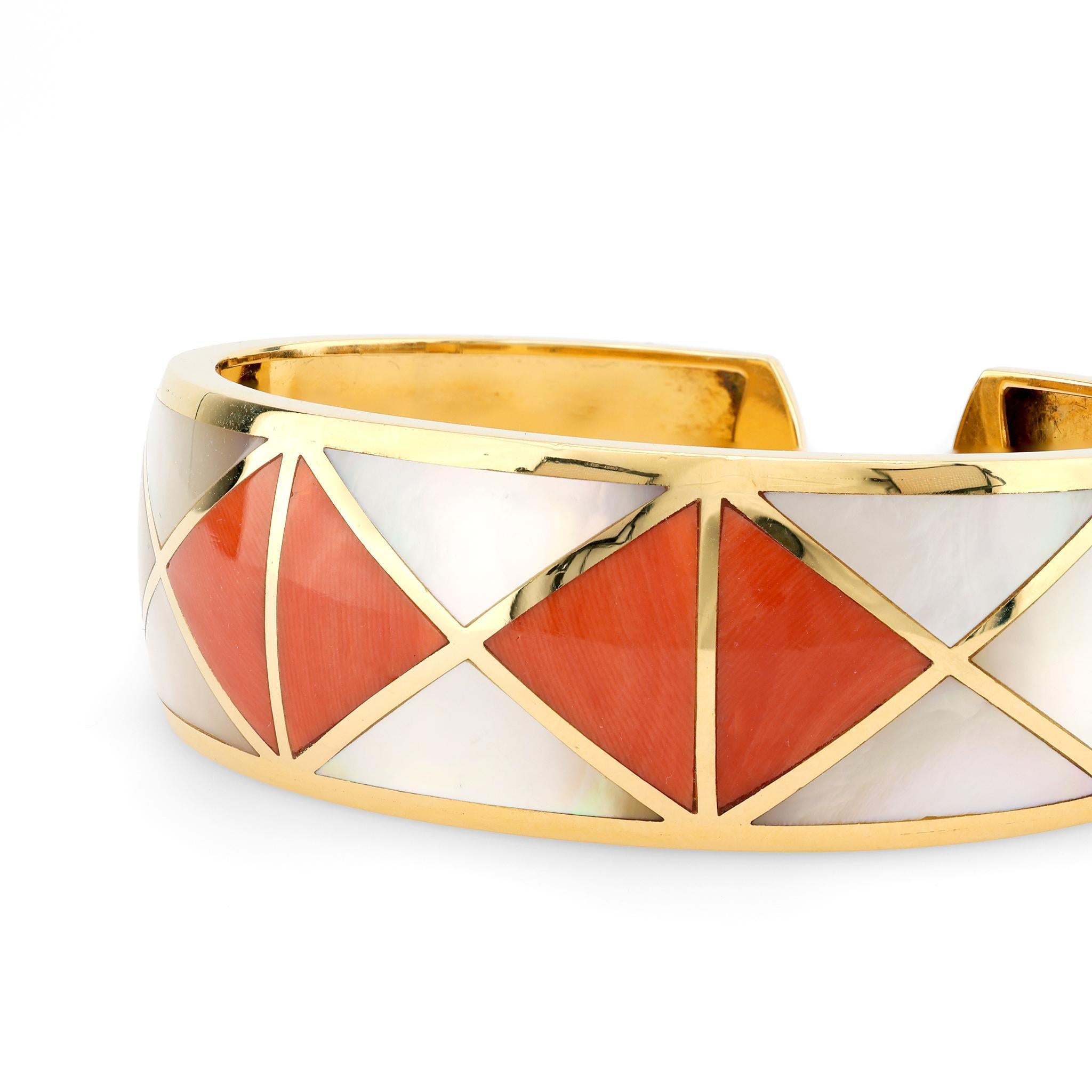 Modern Vintage Italian Coral Mother of Pearl 18K Yellow and White Gold Bangle