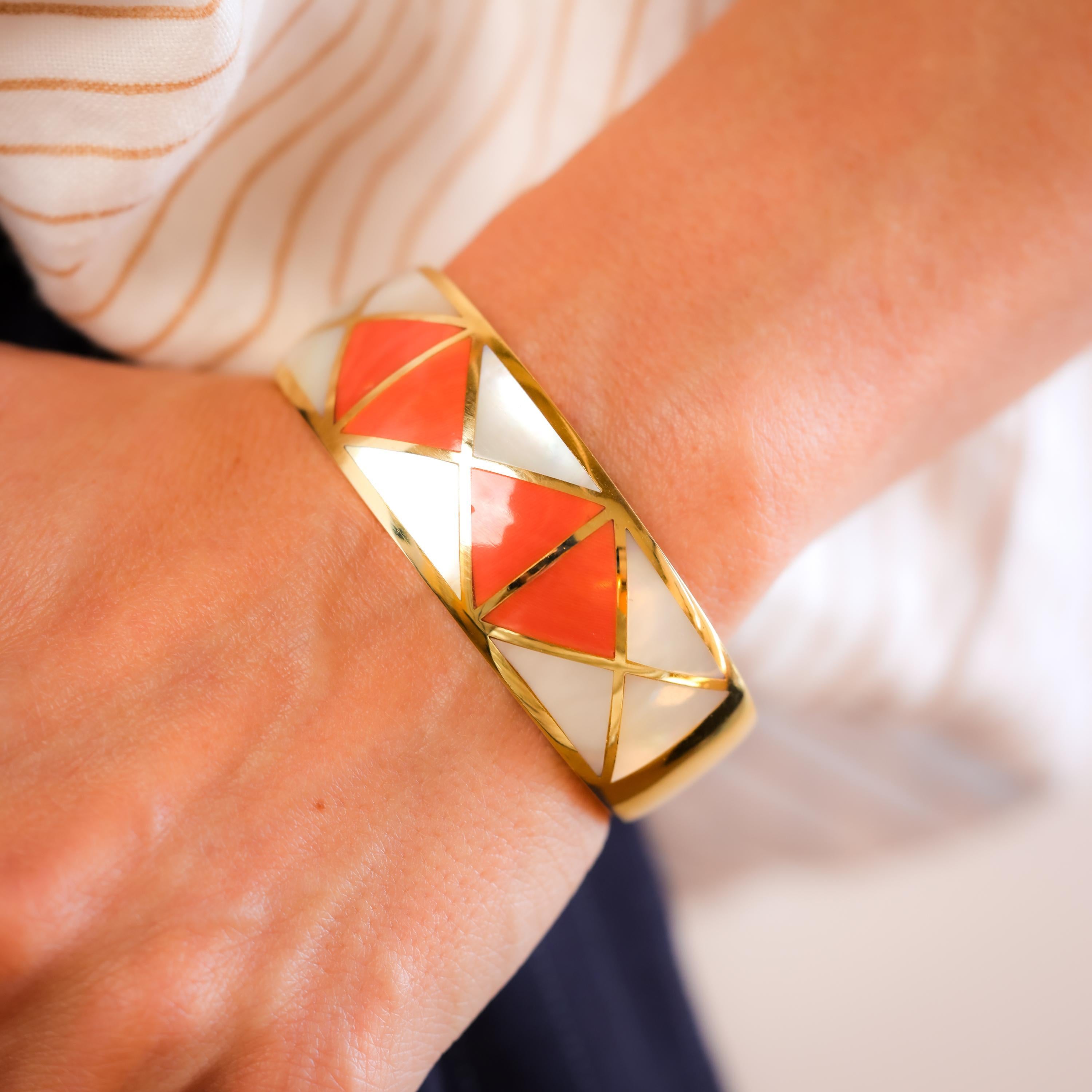 Uncut Vintage Italian Coral Mother of Pearl 18K Yellow and White Gold Bangle