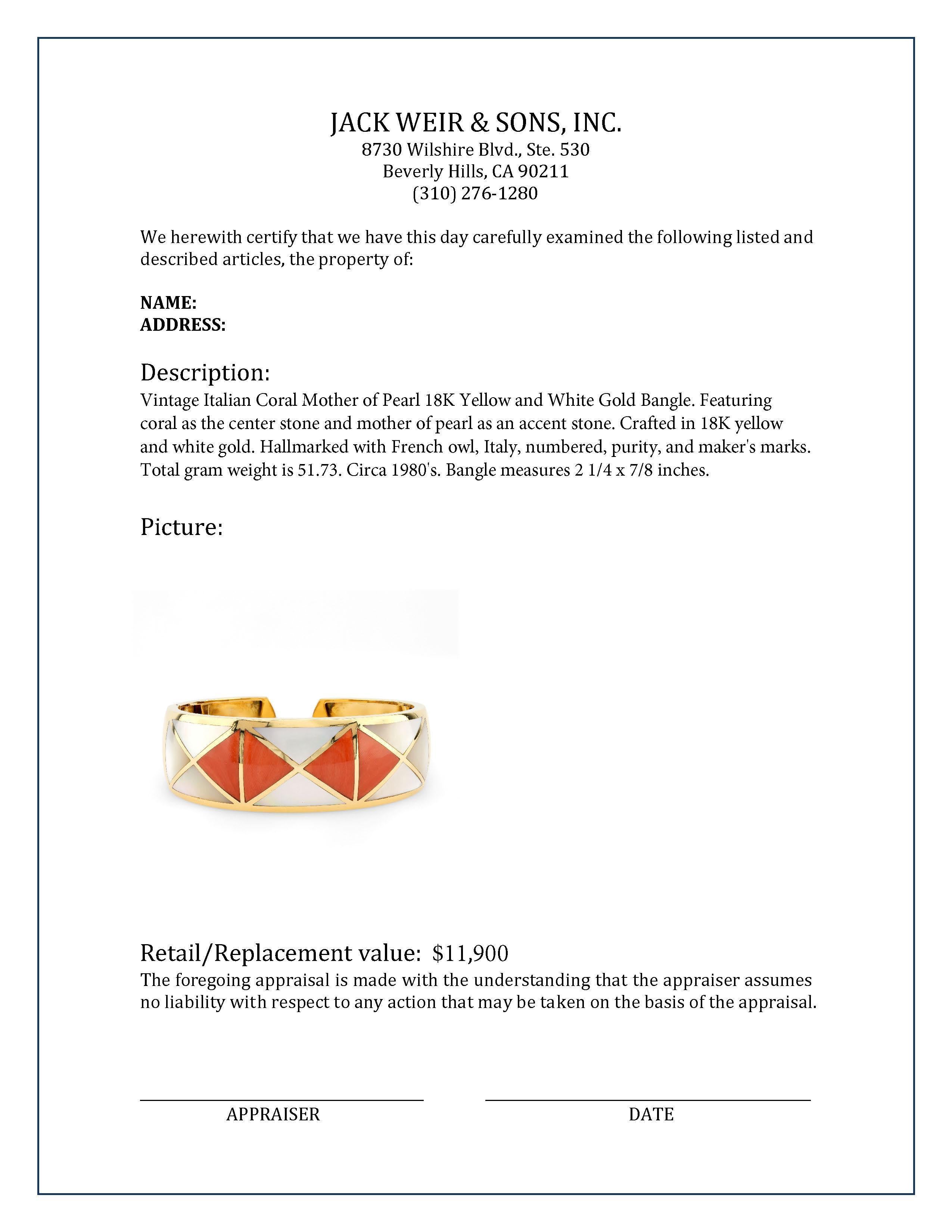 Vintage Italian Coral Mother of Pearl 18K Yellow and White Gold Bangle In Excellent Condition In Beverly Hills, CA