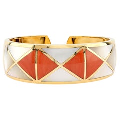 Vintage Italian Coral Mother of Pearl 18K Yellow and White Gold Bangle