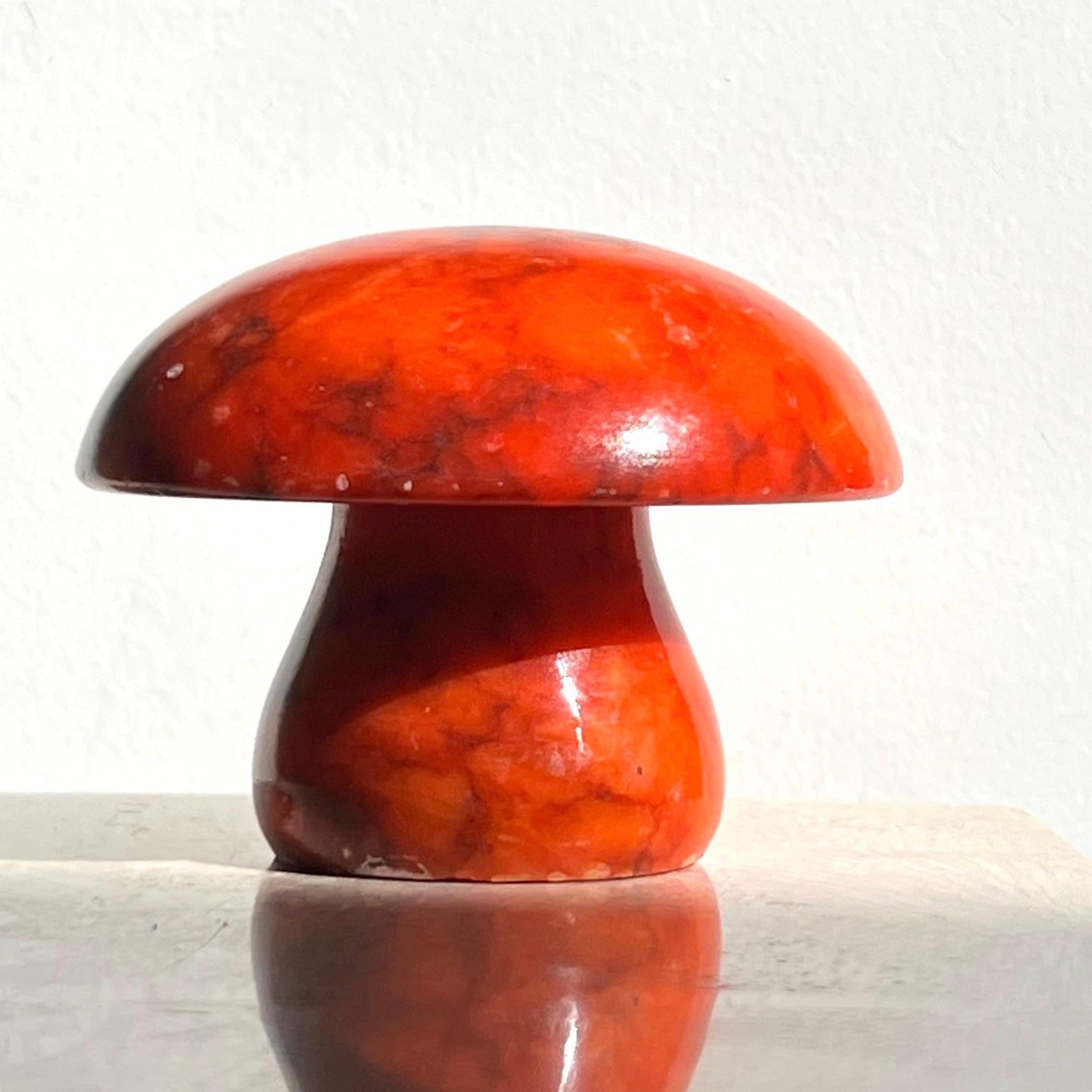 A vintage Italian marble mushroom objet d’art / paperweight in brilliant fiery coral red, circa 1960s. Hand-carved of genuine alabaster stone - original sticker intact. Some signs of age but no glaring flaws. Pick up in central west Los Angeles or