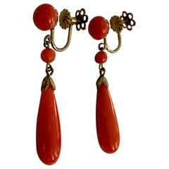 Vintage Italian Coral Teardrop Dangle 800 Silver Screw Back Earrings