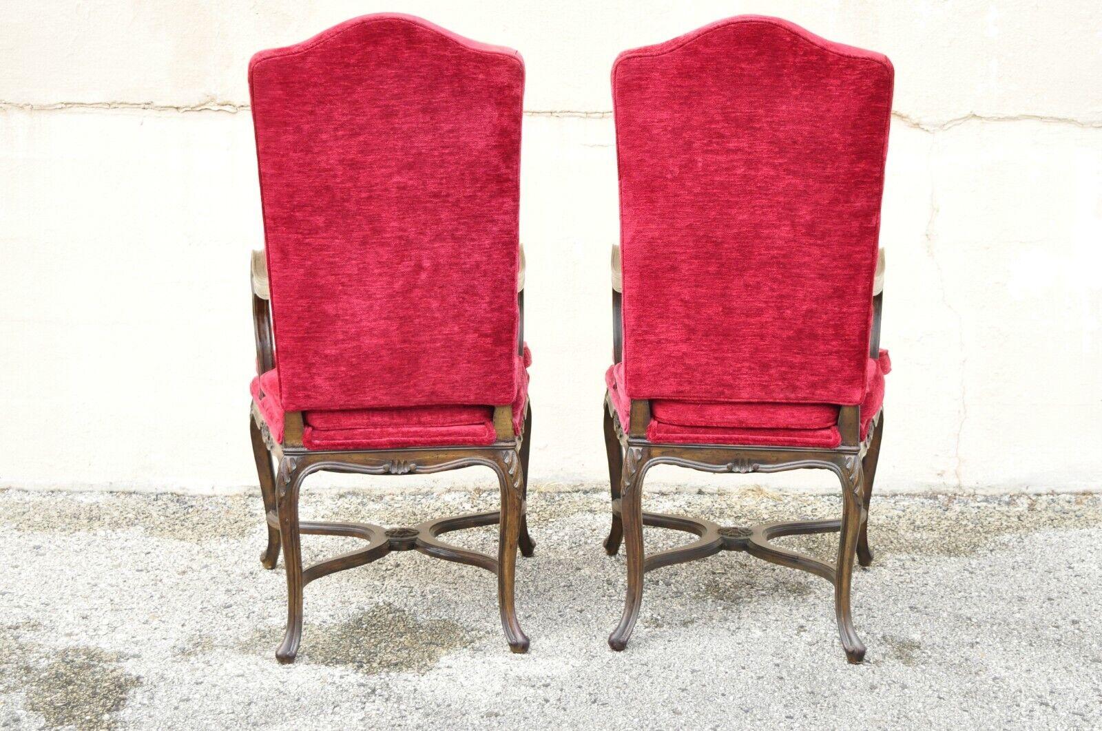 Vintage Italian Country Provincial Carved Walnut Red Dining Chairs - Set of 6 For Sale 7
