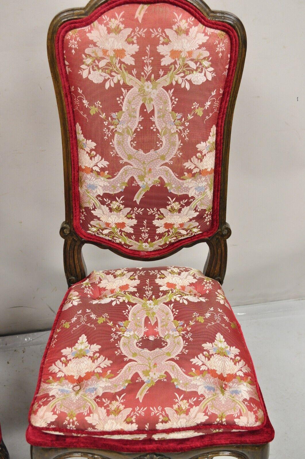 Vintage Italian Country Provincial Carved Walnut Red Dining Chairs - Set of 6 For Sale 8