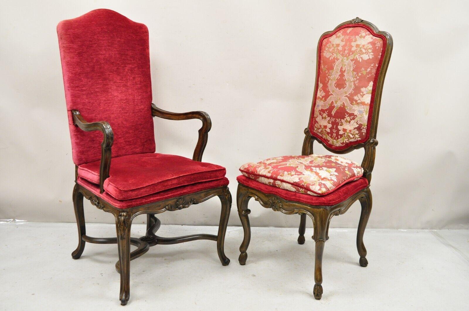 Vintage Italian Country Provincial Carved Walnut Red Dining Chairs - Set of 6. Item features a slight variation to finish color and carving details between armchairs and side chairs, nicely carved solid wood frames, distressed finish, floral silk