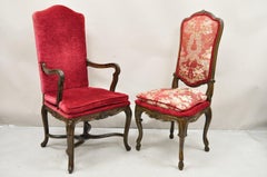 Vintage Italian Country Provincial Carved Walnut Red Dining Chairs - Set of 6