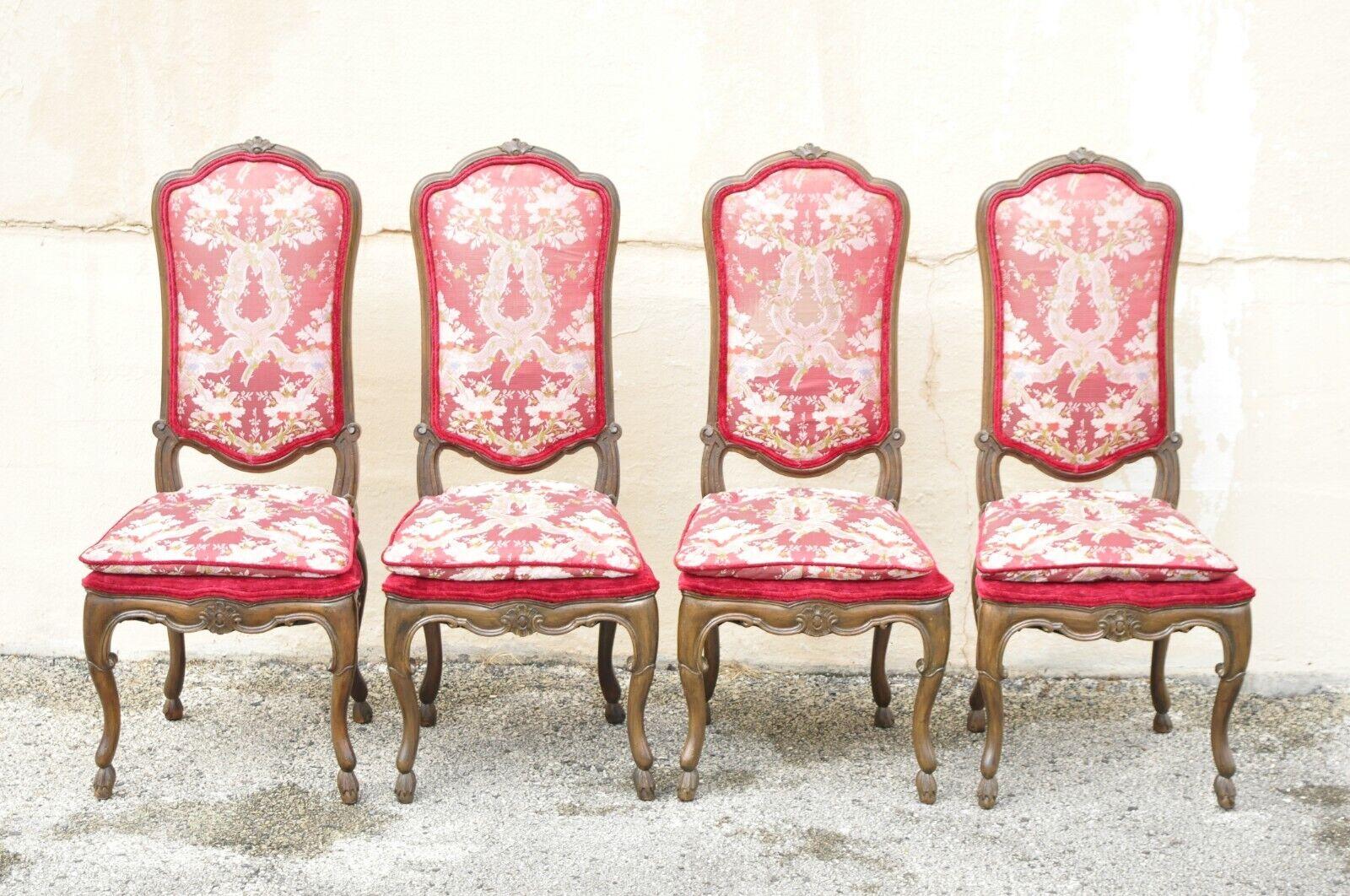 Vintage Italian Country Provincial Carved Walnut Red Dining Chairs - Set of 6 In Good Condition For Sale In Philadelphia, PA