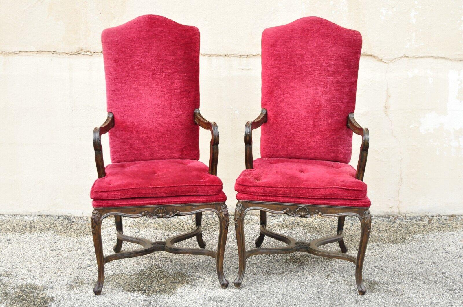 20th Century Vintage Italian Country Provincial Carved Walnut Red Dining Chairs - Set of 6 For Sale