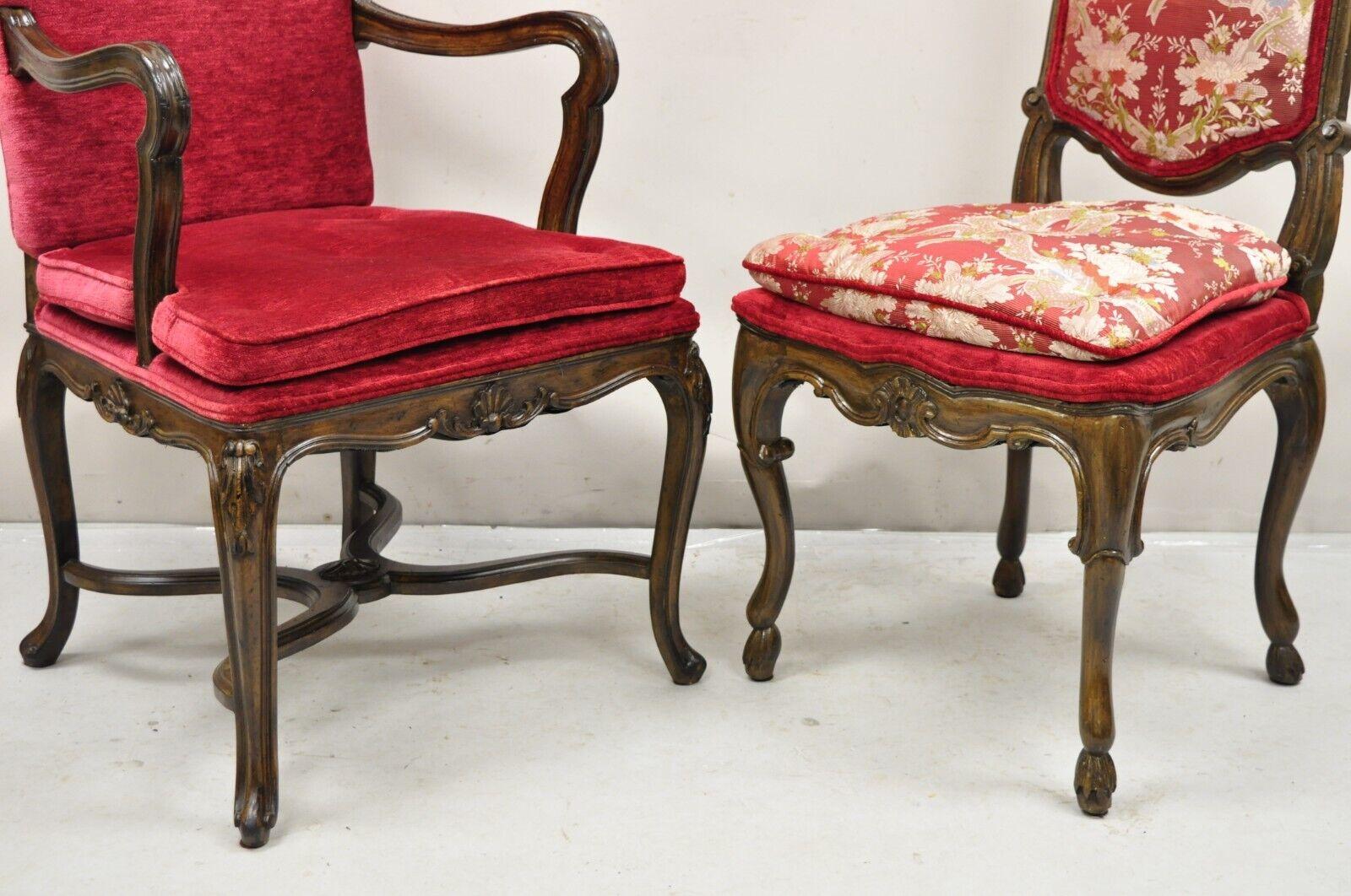 Vintage Italian Country Provincial Carved Walnut Red Dining Chairs - Set of 6 For Sale 1