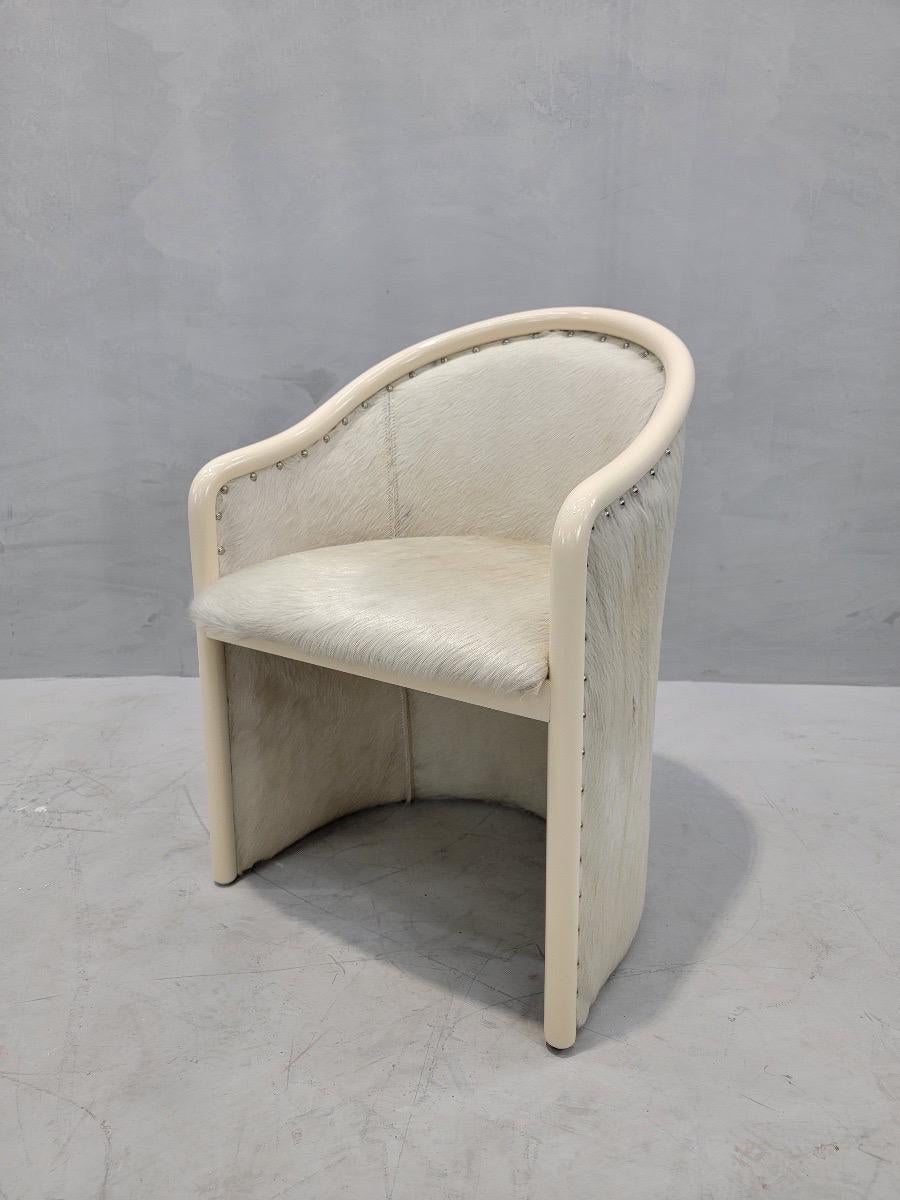Cowhide Vintage Italian Cream Lacquer Barrel Back Occasional Chair by Tonon For Sale