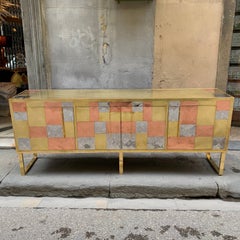 Vintage Italian Credenza, Brass Copper and Steel Geometric Design, 1970s