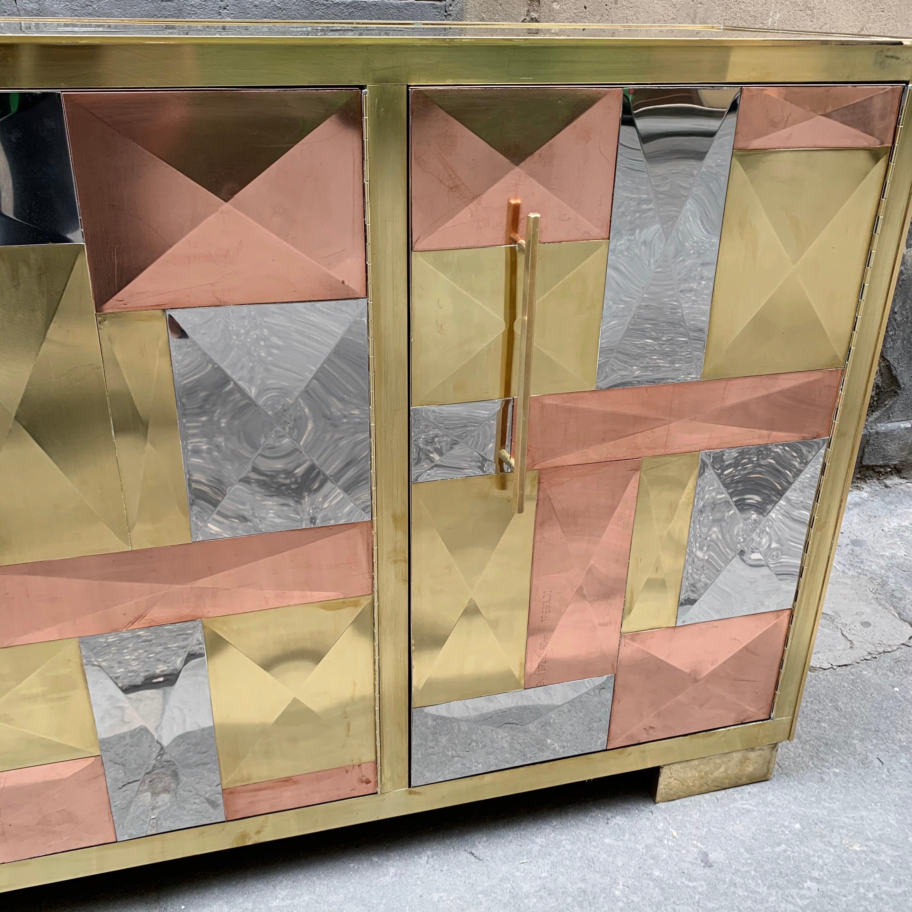 Vintage Italian Credenza, Brass Copper and Steel Plates, Geometric Design, 1970s 6