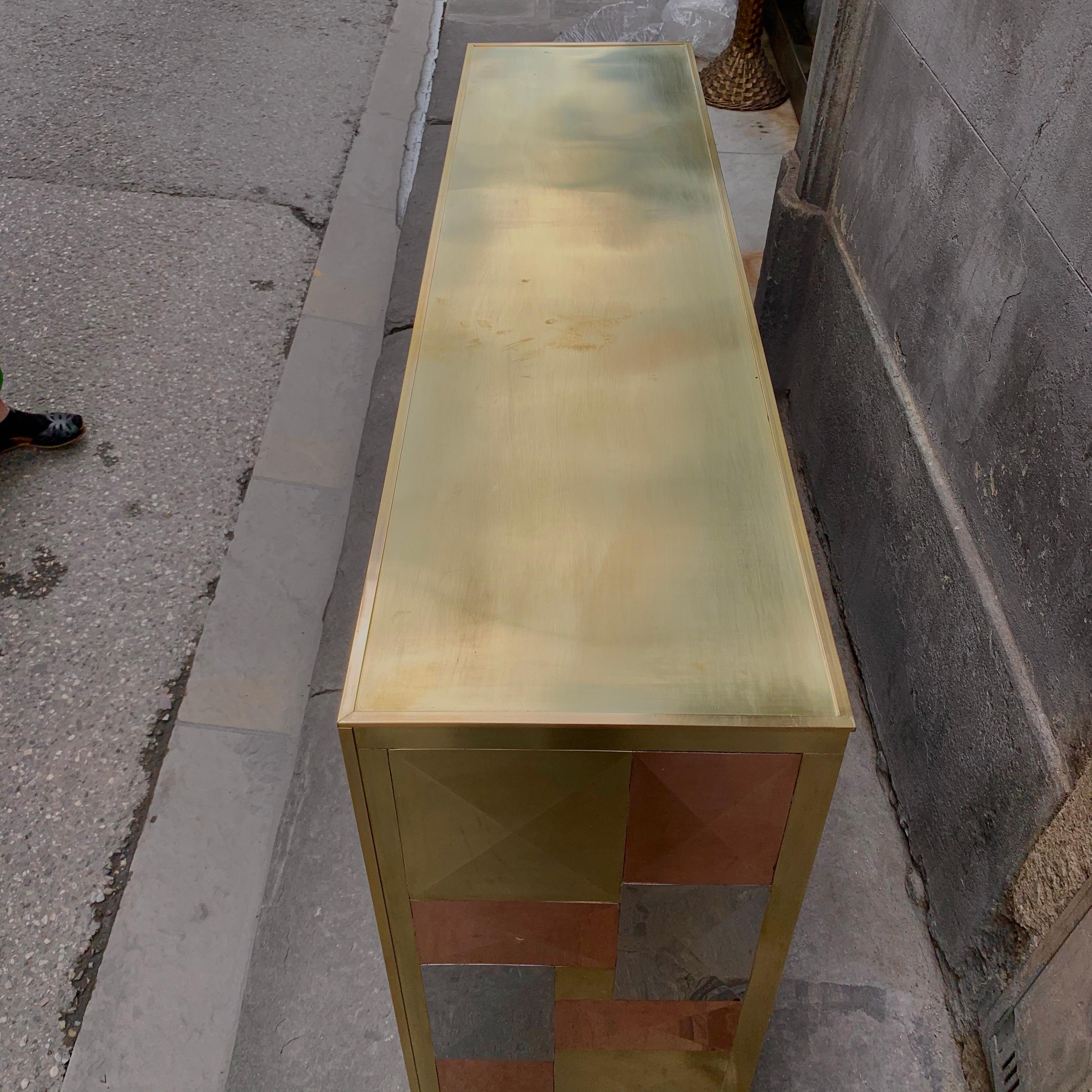 Vintage Italian Credenza, Brass Copper and Steel Plates, Geometric Design, 1970s 10