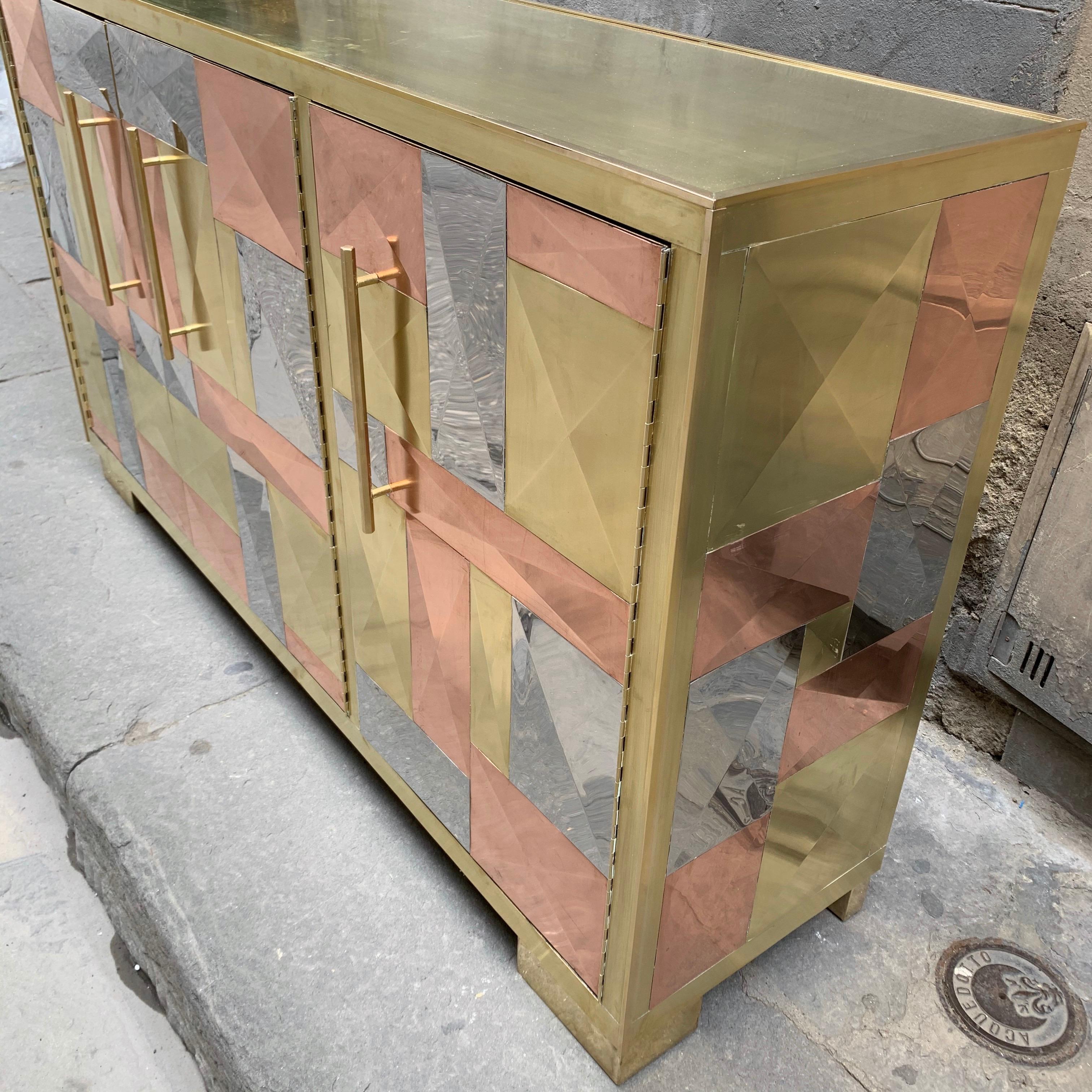 Vintage Italian Credenza, Brass Copper and Steel Plates, Geometric Design, 1970s 1