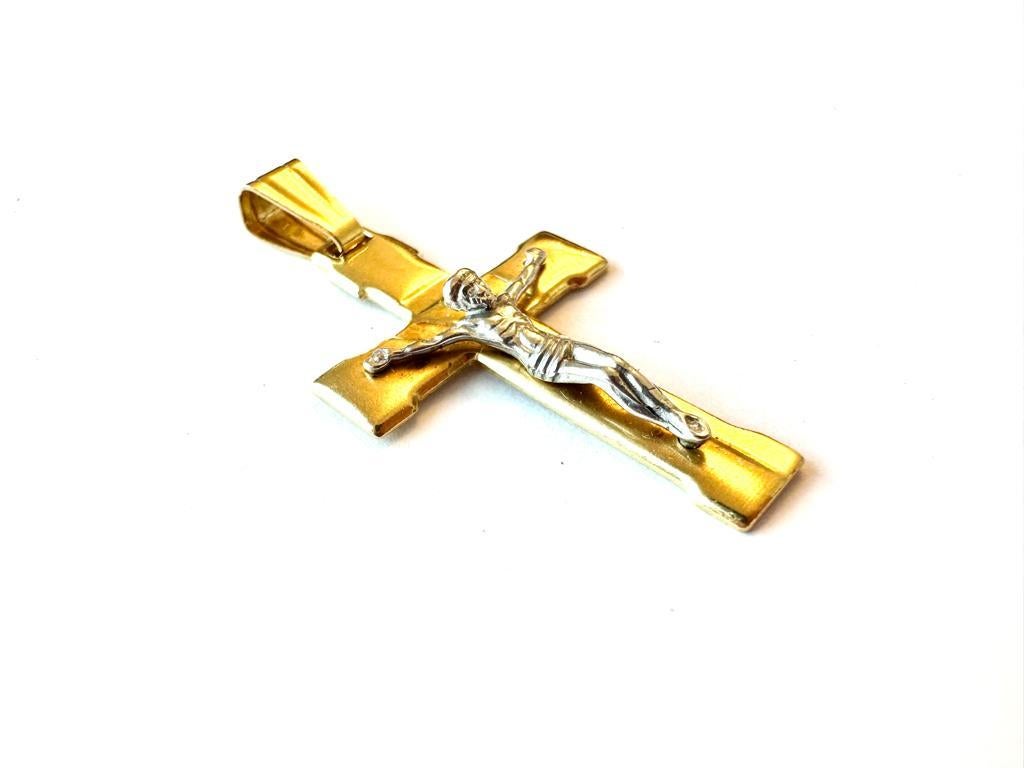 Artisan Vintage Italian Crucifix 18 Karat Yellow and White Gold For Sale