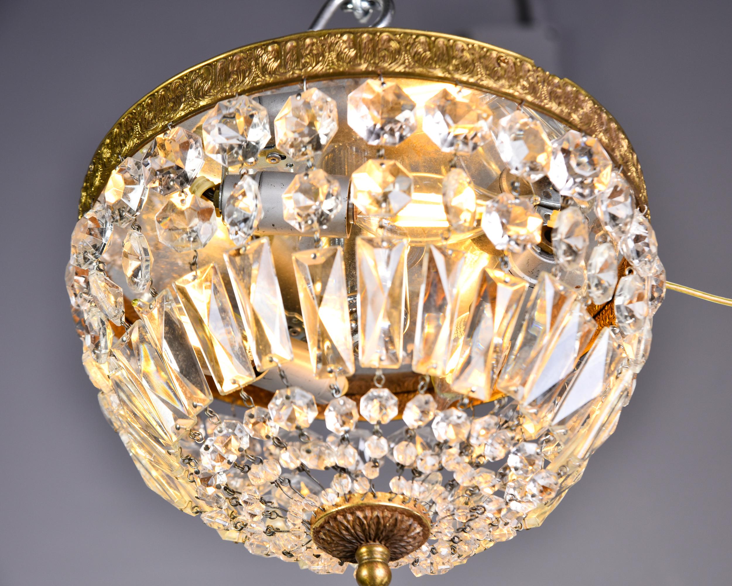 Vintage Italian Crystal and Brass Basket Form Ceiling Fixture For Sale 7