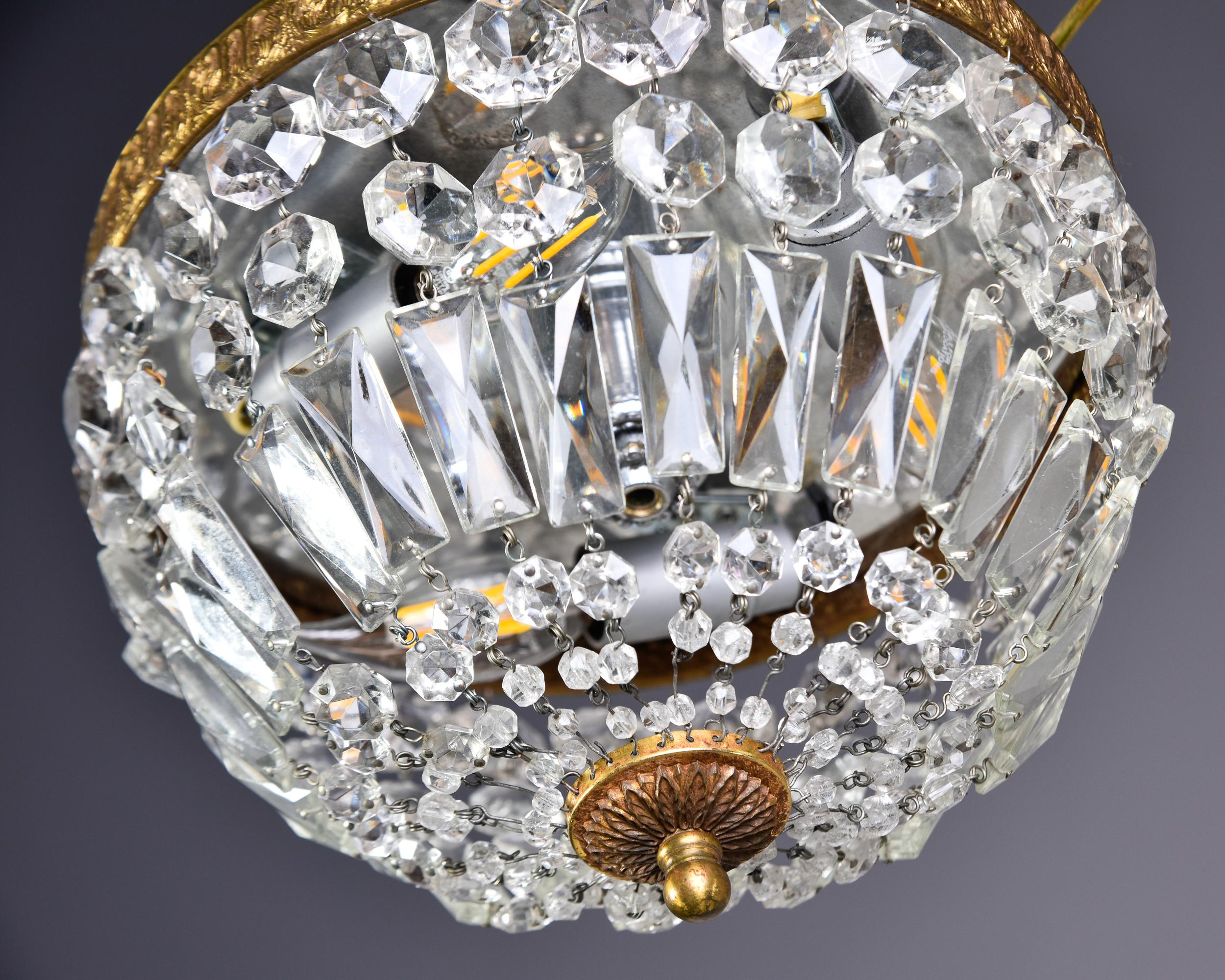 Vintage Italian Crystal and Brass Basket Form Ceiling Fixture In Good Condition For Sale In Troy, MI
