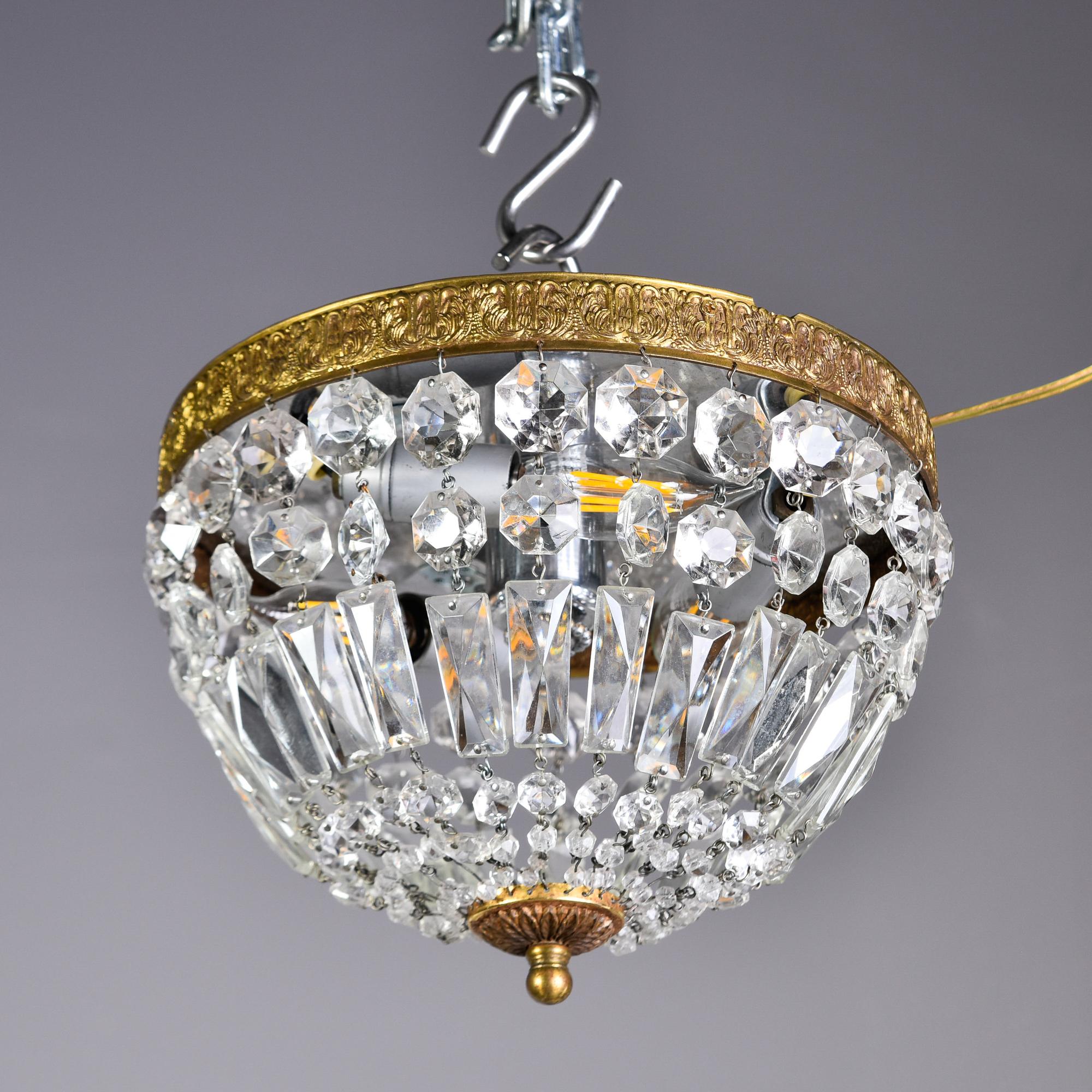Vintage Italian Crystal and Brass Basket Form Ceiling Fixture For Sale 1