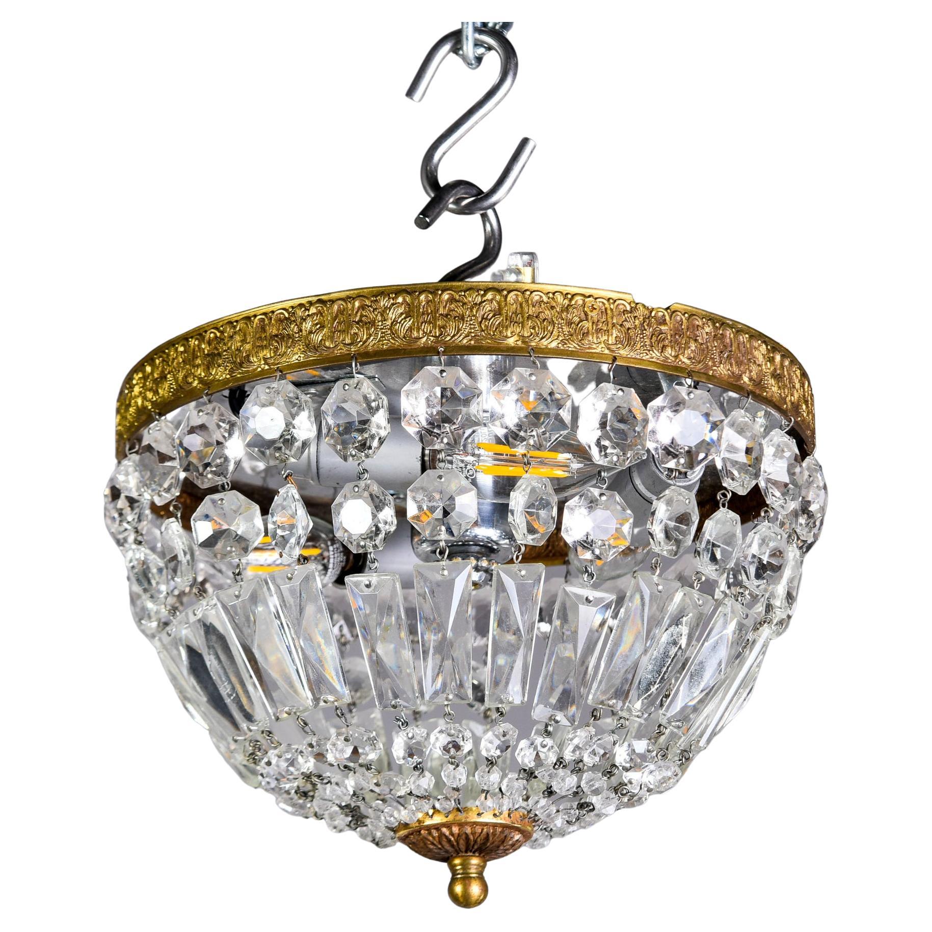 Vintage Italian Crystal and Brass Basket Form Ceiling Fixture For Sale