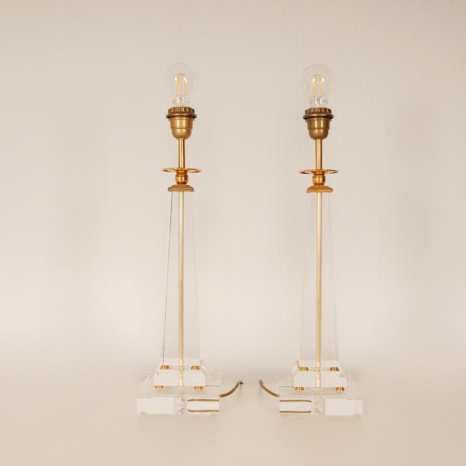 Vintage Italian Crystal Glass Lamps Gold Gilded Brass Lucite Table Lamp a Pair 4