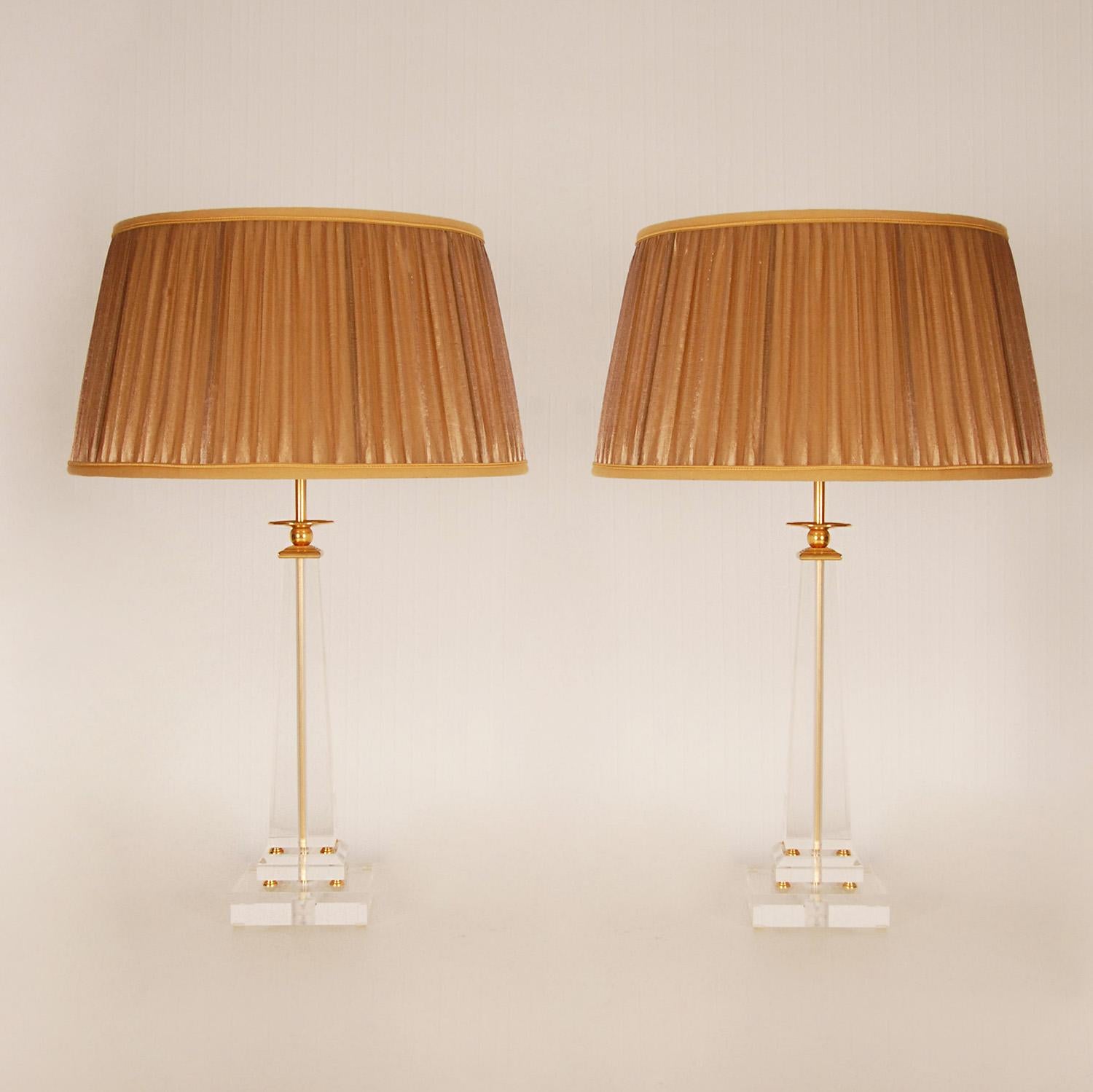 Vintage Italian Crystal Glass Lamps Gold Gilded Brass Lucite Table Lamp a Pair 8