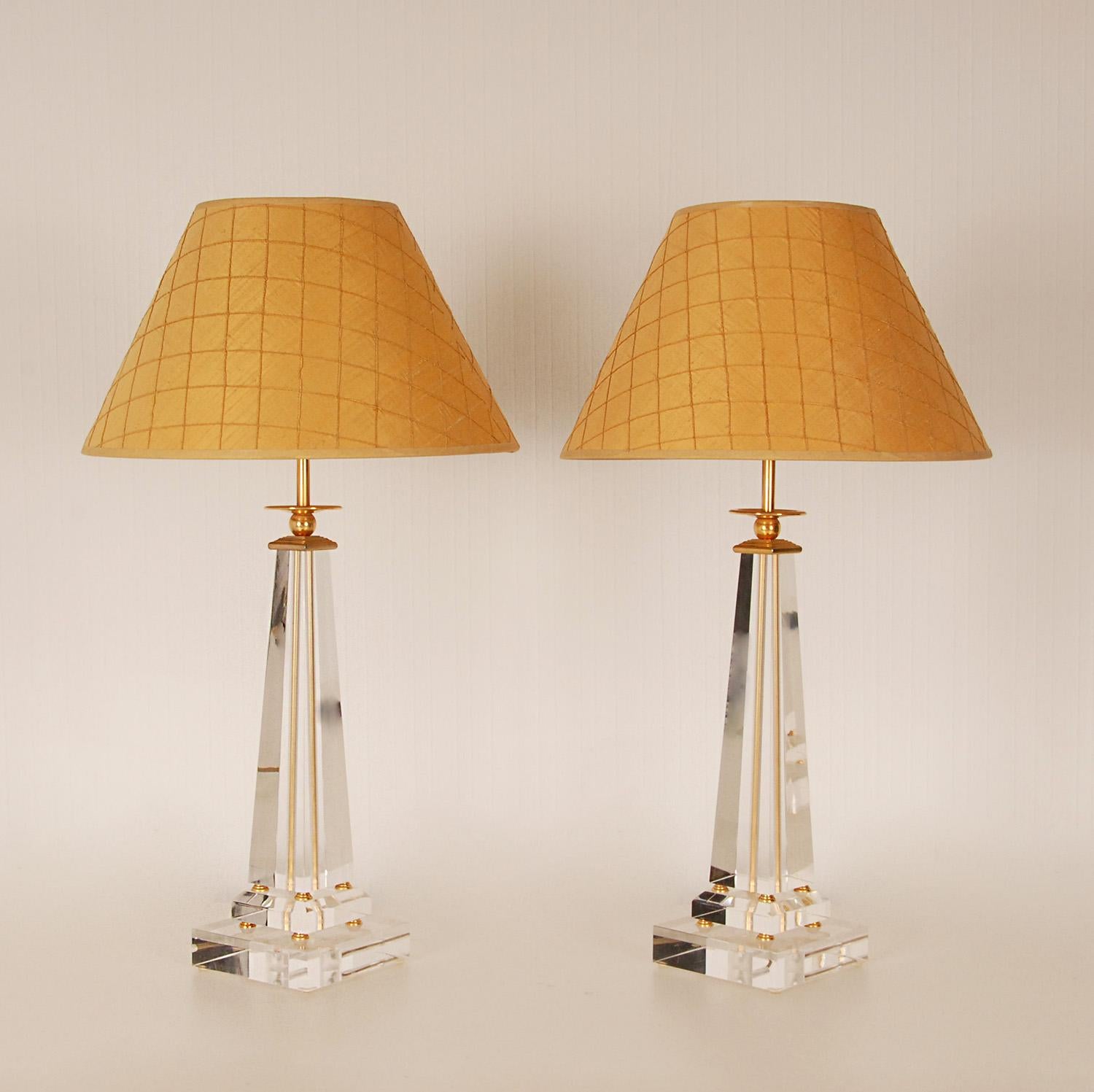 Mid-Century Modern Vintage Italian Crystal Glass Lamps Gold Gilded Brass Lucite Table Lamp a Pair