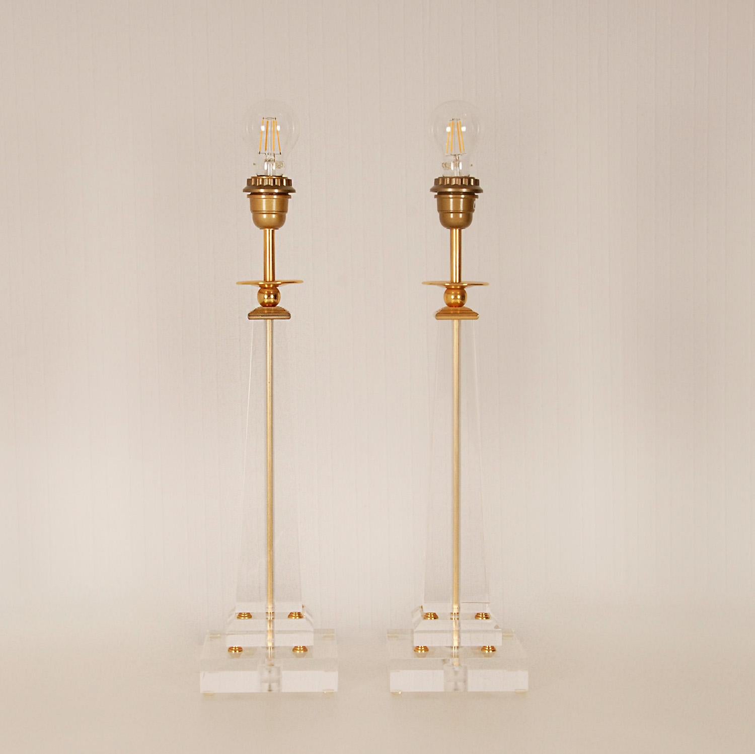 20th Century Vintage Italian Crystal Glass Lamps Gold Gilded Brass Lucite Table Lamp a Pair