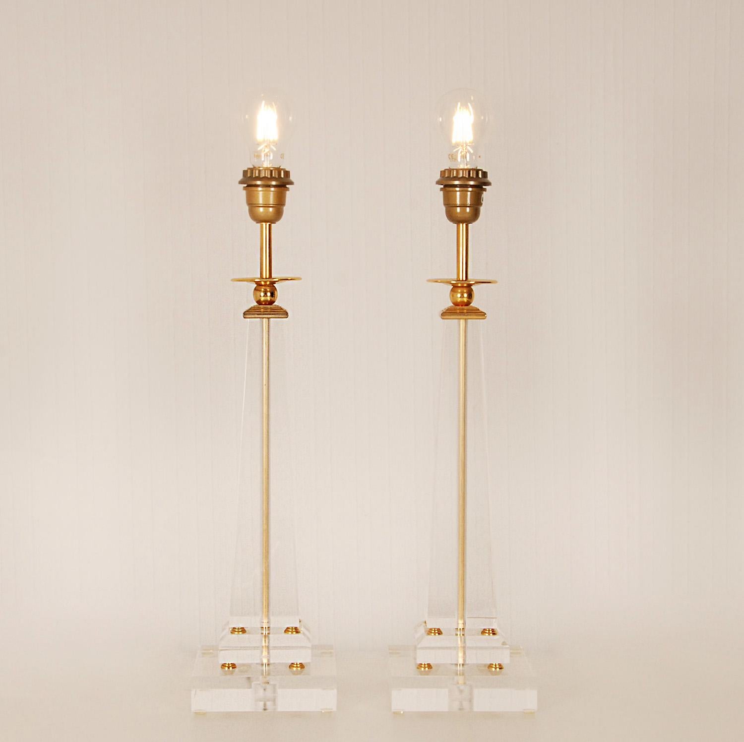 Gold Plate Vintage Italian Crystal Glass Lamps Gold Gilded Brass Lucite Table Lamp a Pair
