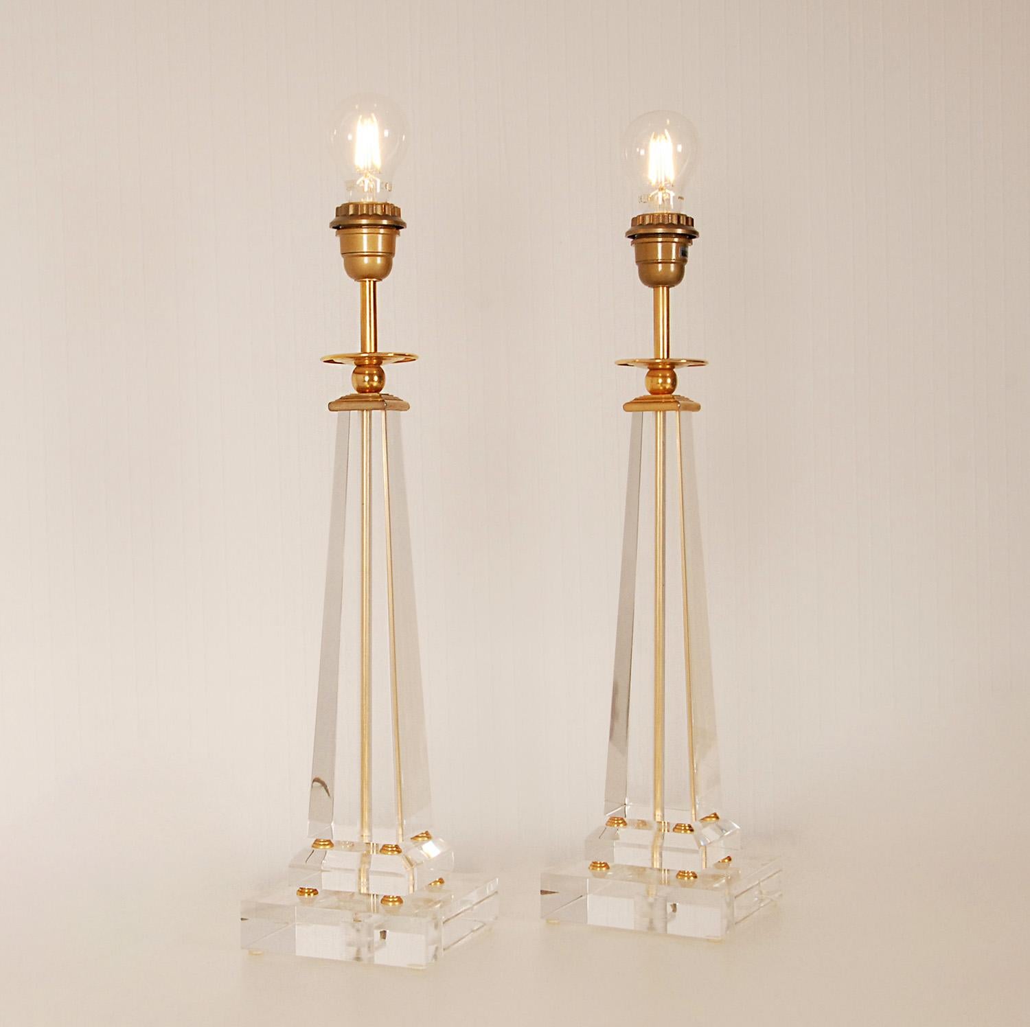 Vintage Italian Crystal Glass Lamps Gold Gilded Brass Lucite Table Lamp a Pair 1