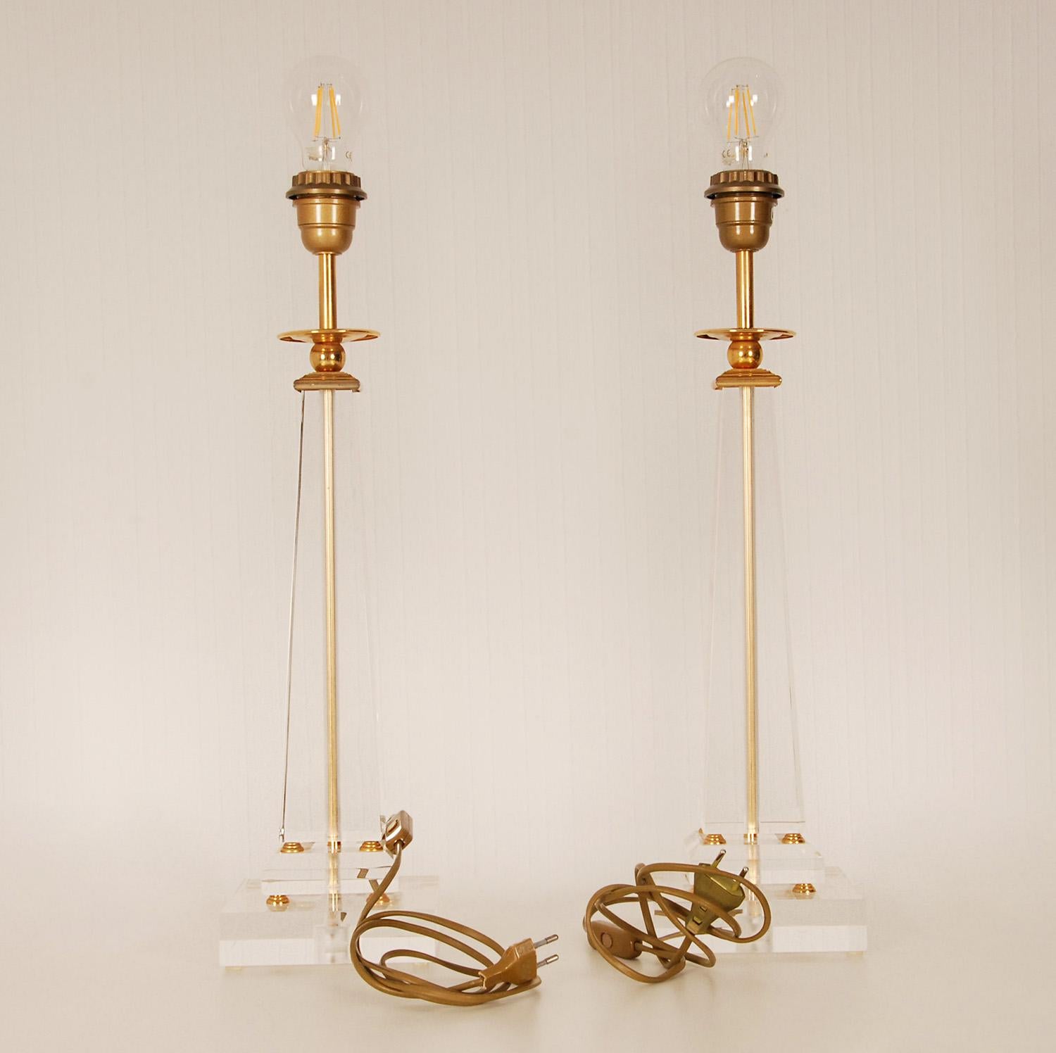 Vintage Italian Crystal Glass Lamps Gold Gilded Brass Lucite Table Lamp a Pair 2