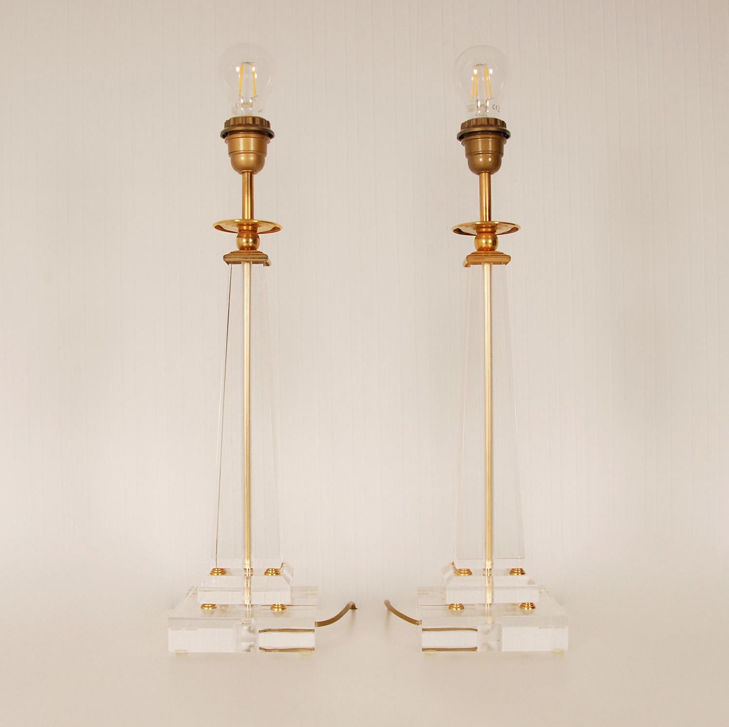 Vintage Italian Crystal Glass Lamps Gold Gilded Brass Lucite Table Lamp a Pair 3
