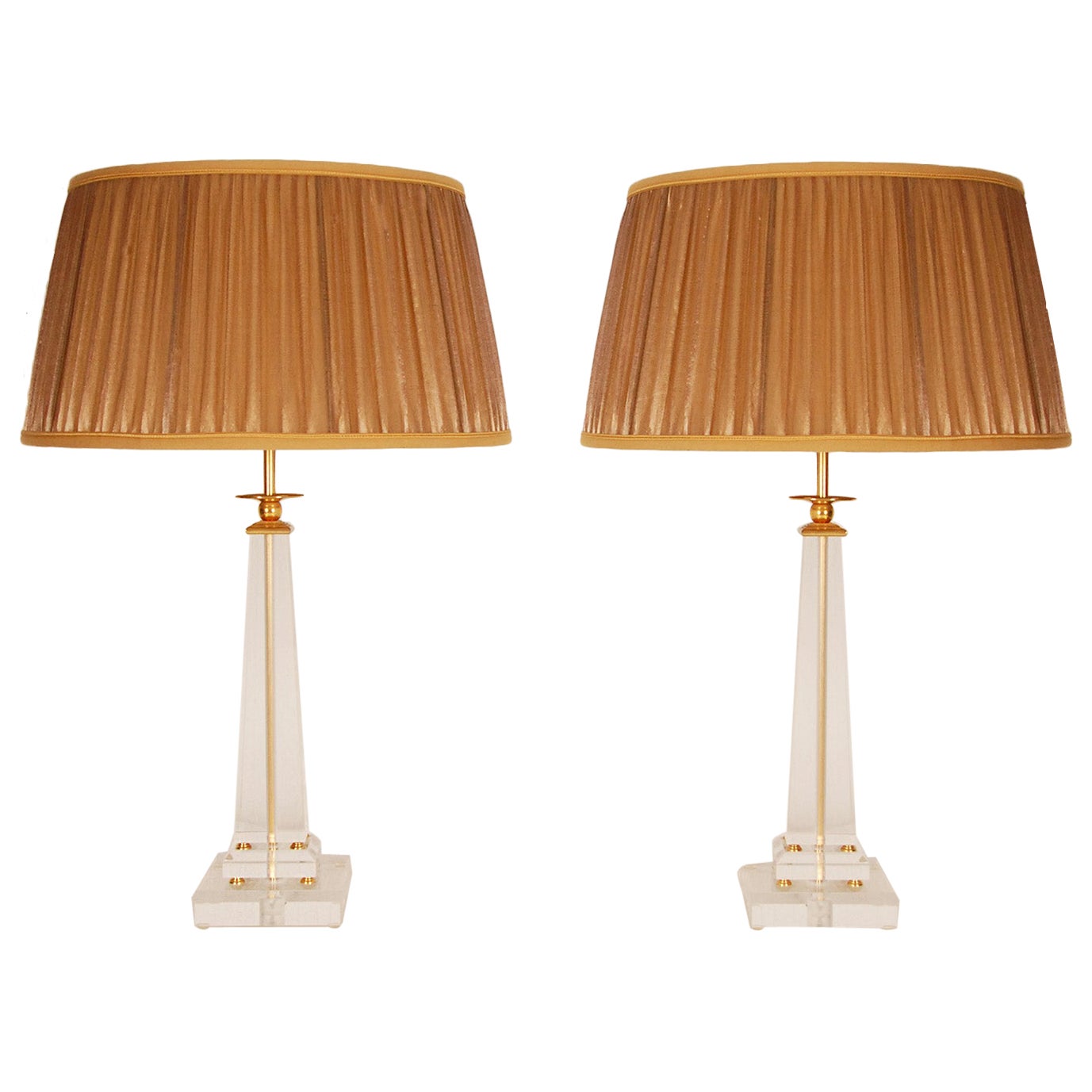 Vintage Italian Crystal Glass Lamps Gold Gilded Brass Lucite Table Lamp a Pair
