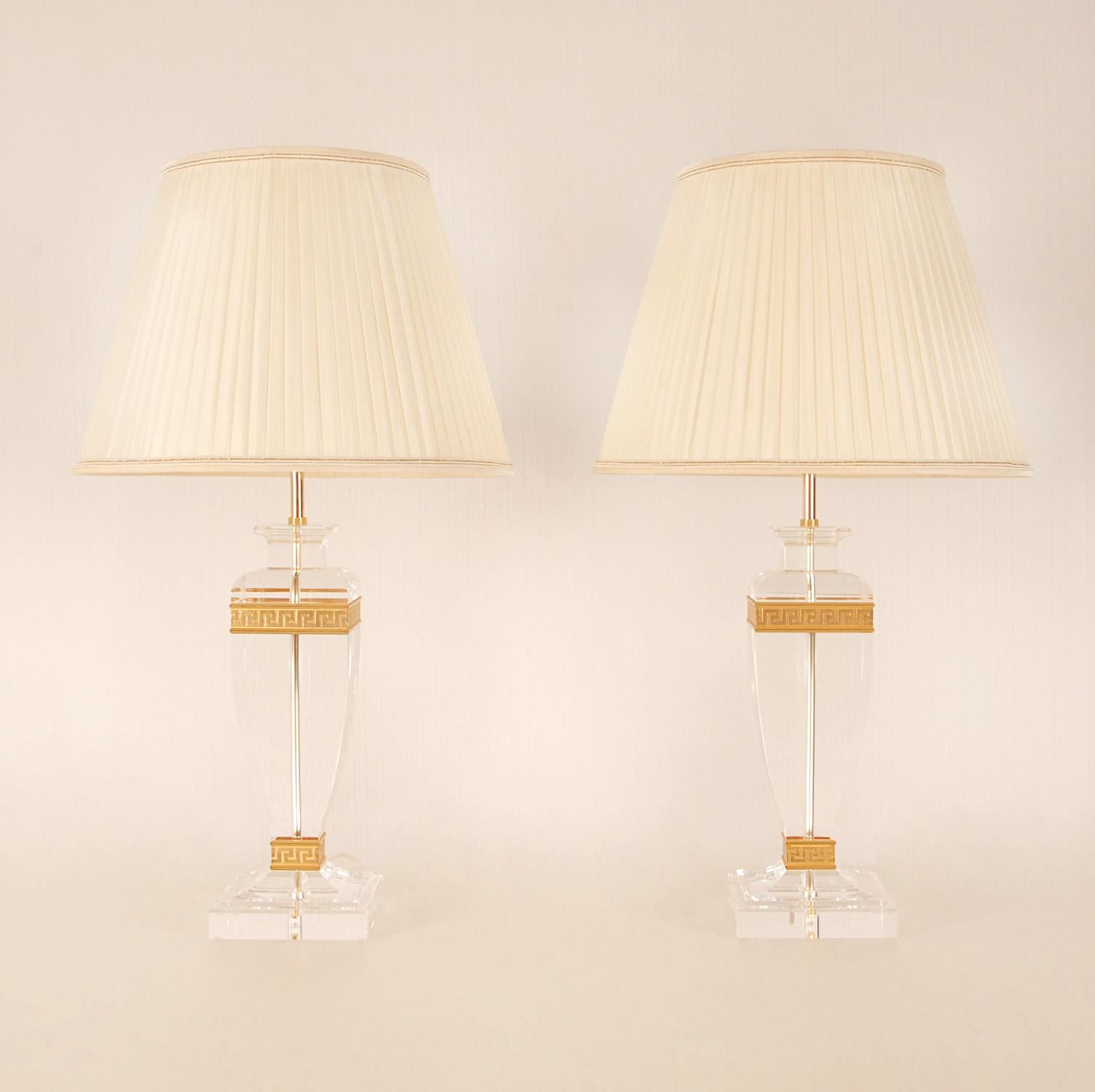Mid-Century Modern Vintage Italian Crystal Glass Vase Lamps Lucite Gold Banded Versace Style