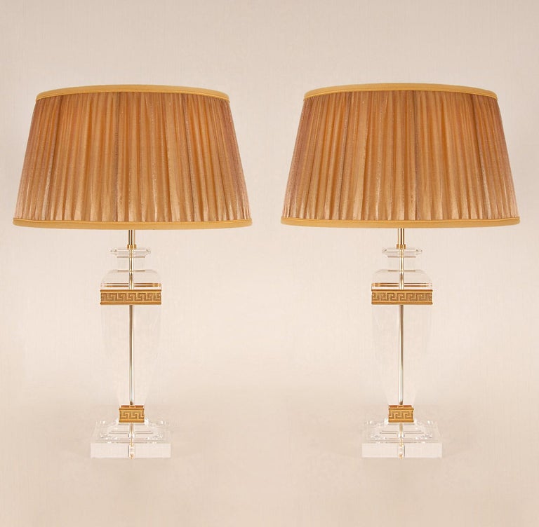 Vintage Italian Crystal Glass Vase Lamps Lucite Gold Banded Versace