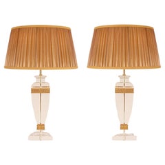 Vintage Italian Crystal Glass Vase Lamps Lucite Gold Banded Versace Style
