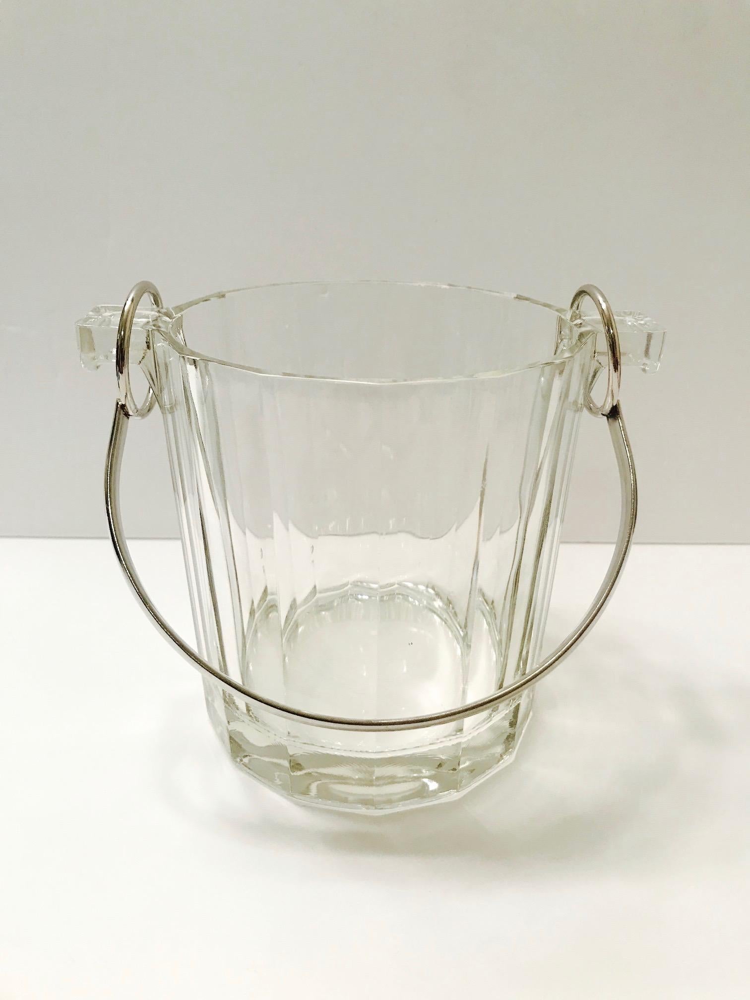 Mid-Century Modern Vintage Italian Crystal Ice Bucket with Nickel Handle, 1970s