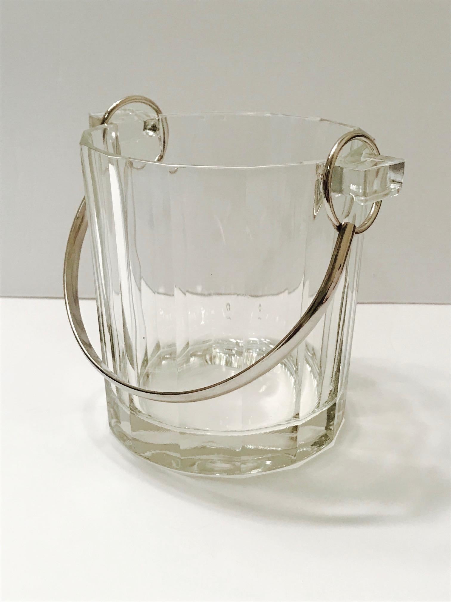 Faceted Vintage Italian Crystal Ice Bucket with Nickel Handle, 1970s
