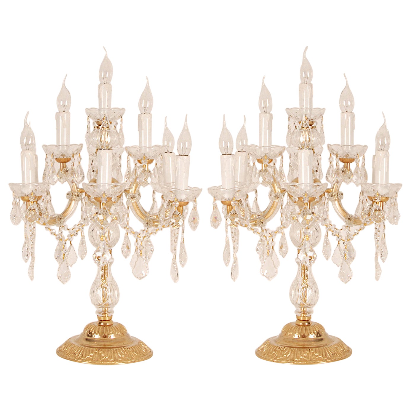 Vintage Italian Crystal lamps Girandoles Par de Lámparas de Mesa de Bronce Dorado