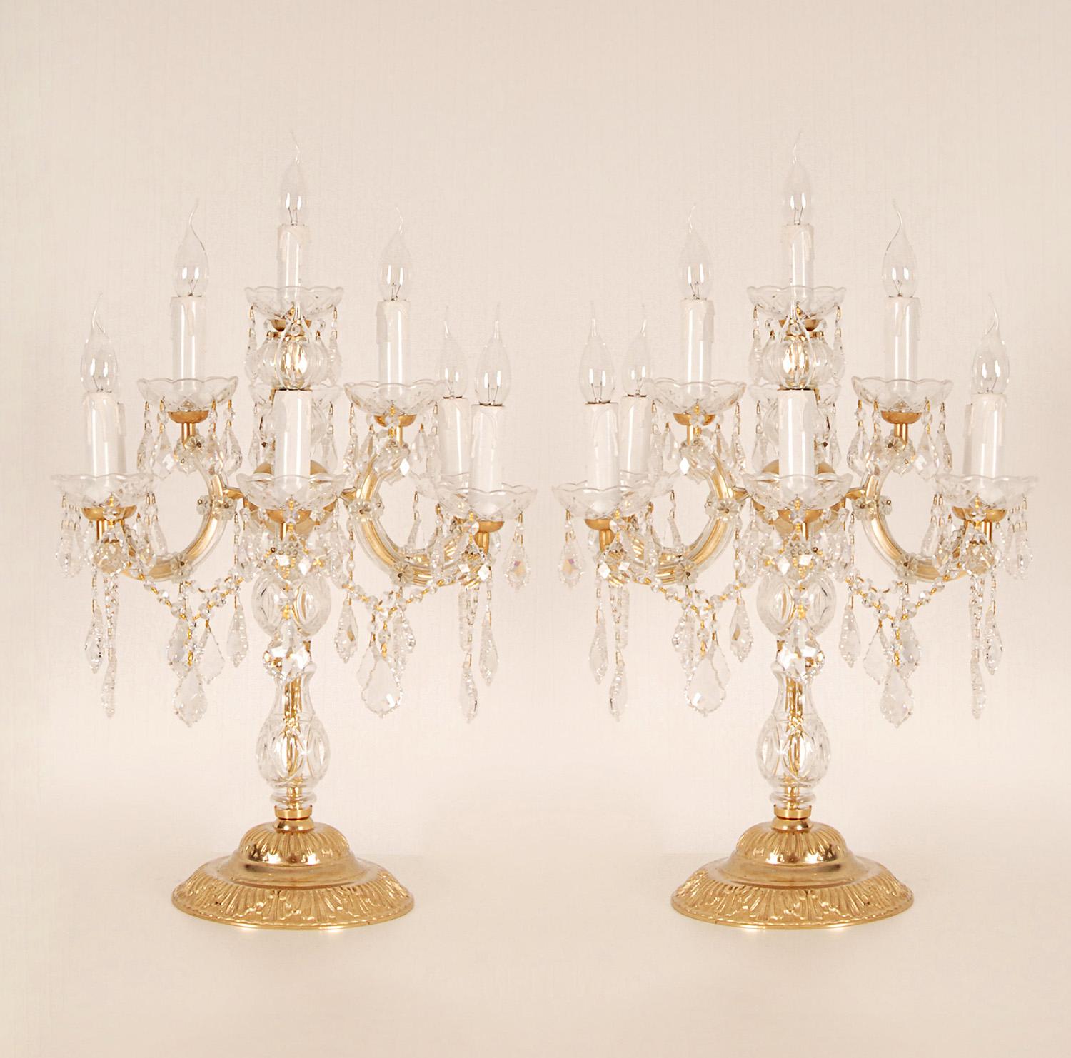 Vintage Italian Crystal lamps Girandoles Gold Gilded Bronze Table Lamps Pair For Sale 4