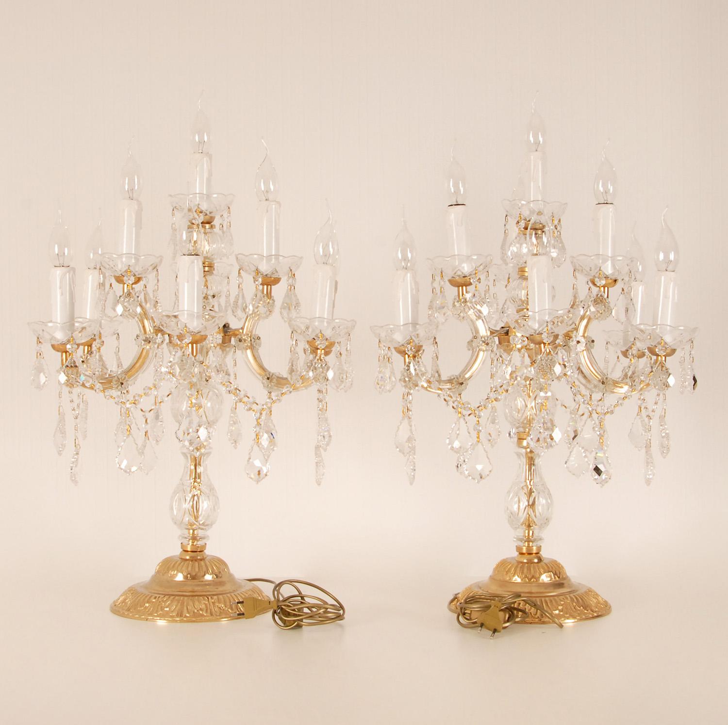 Baroque Vintage Italian Crystal lamps Girandoles Gold Gilded Bronze Table Lamps Pair For Sale