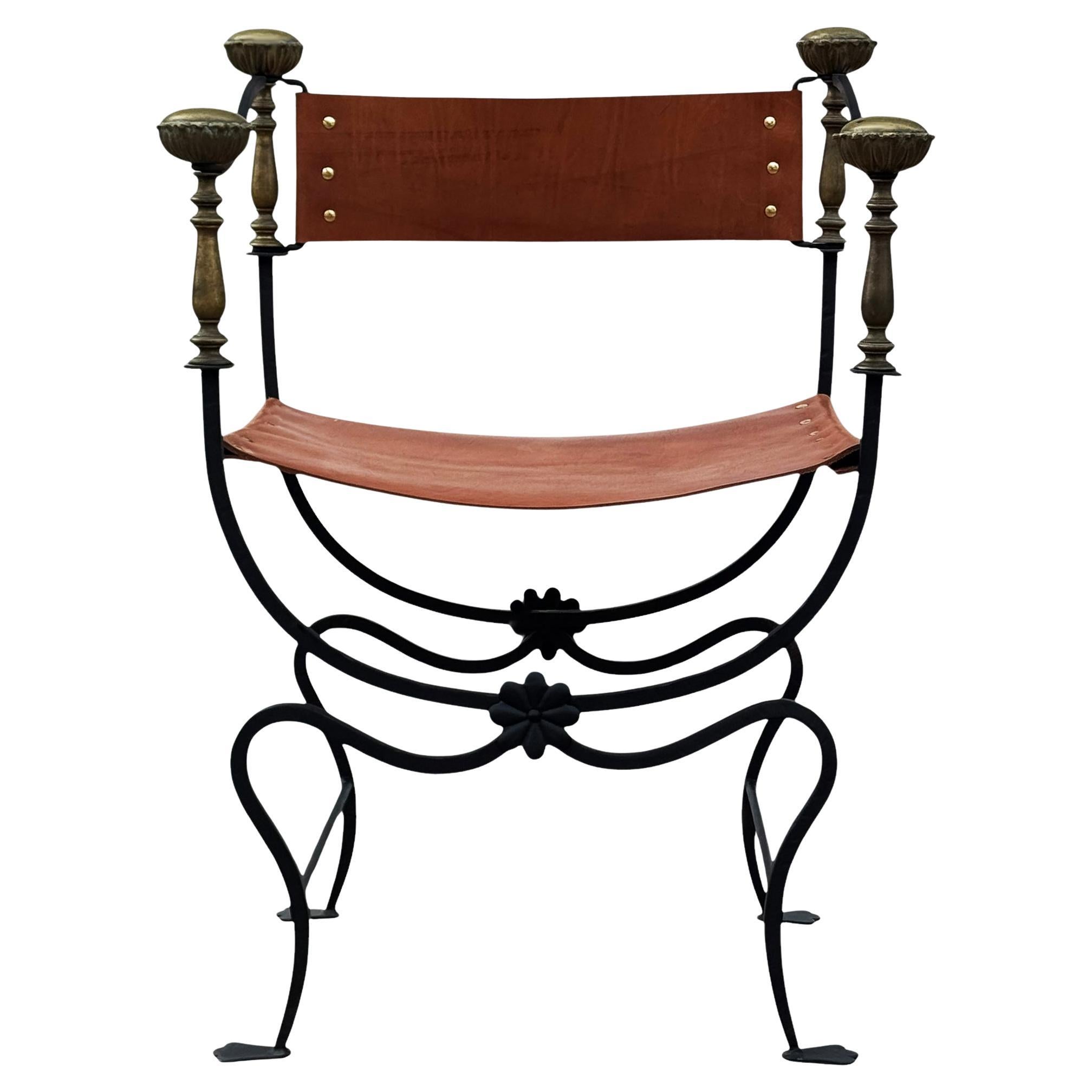 Vintage Italian Curule Savonarola Armchair in Cognac Leather Brass & Iron