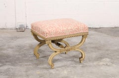 Vintage Italian Curule-style Stool Newly Reupholstered in Fortuny Fabric
