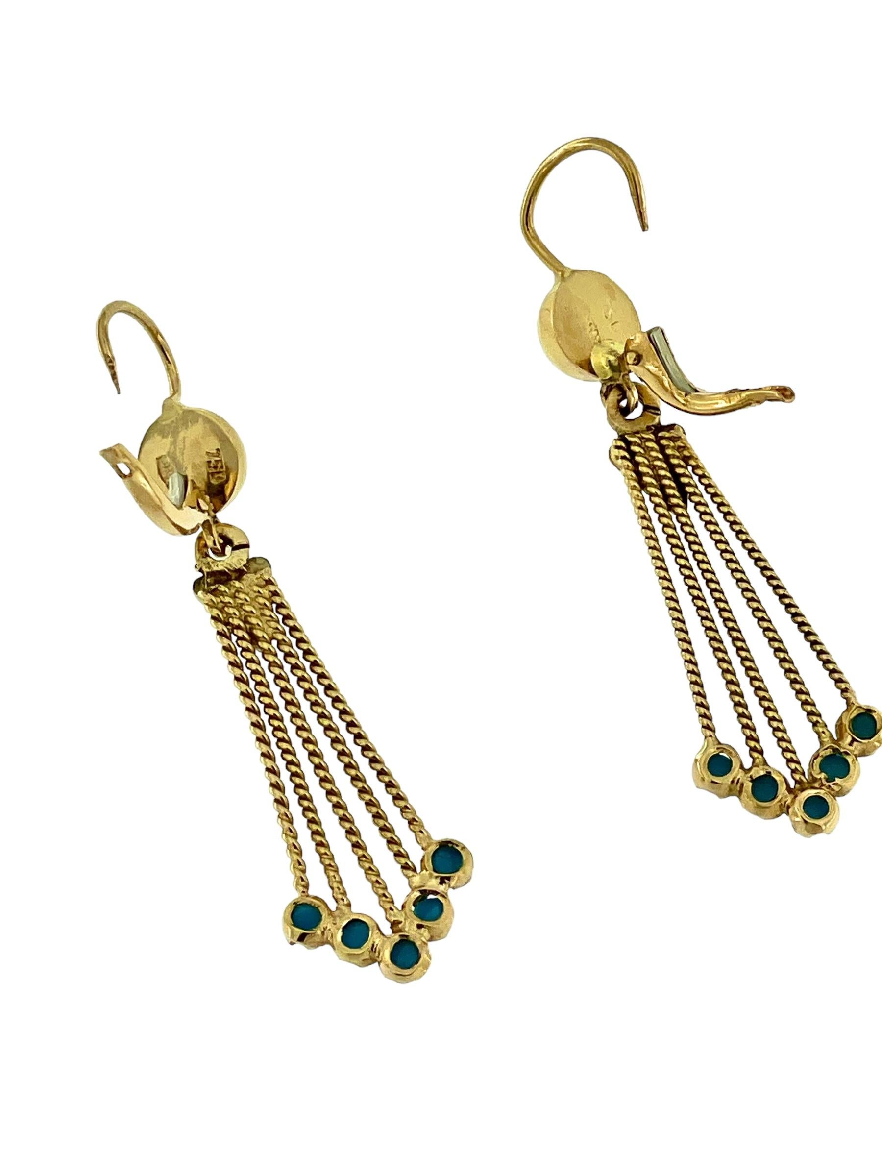 Round Cut Vintage Italian Dangle Earrings Gold and Turquoise For Sale