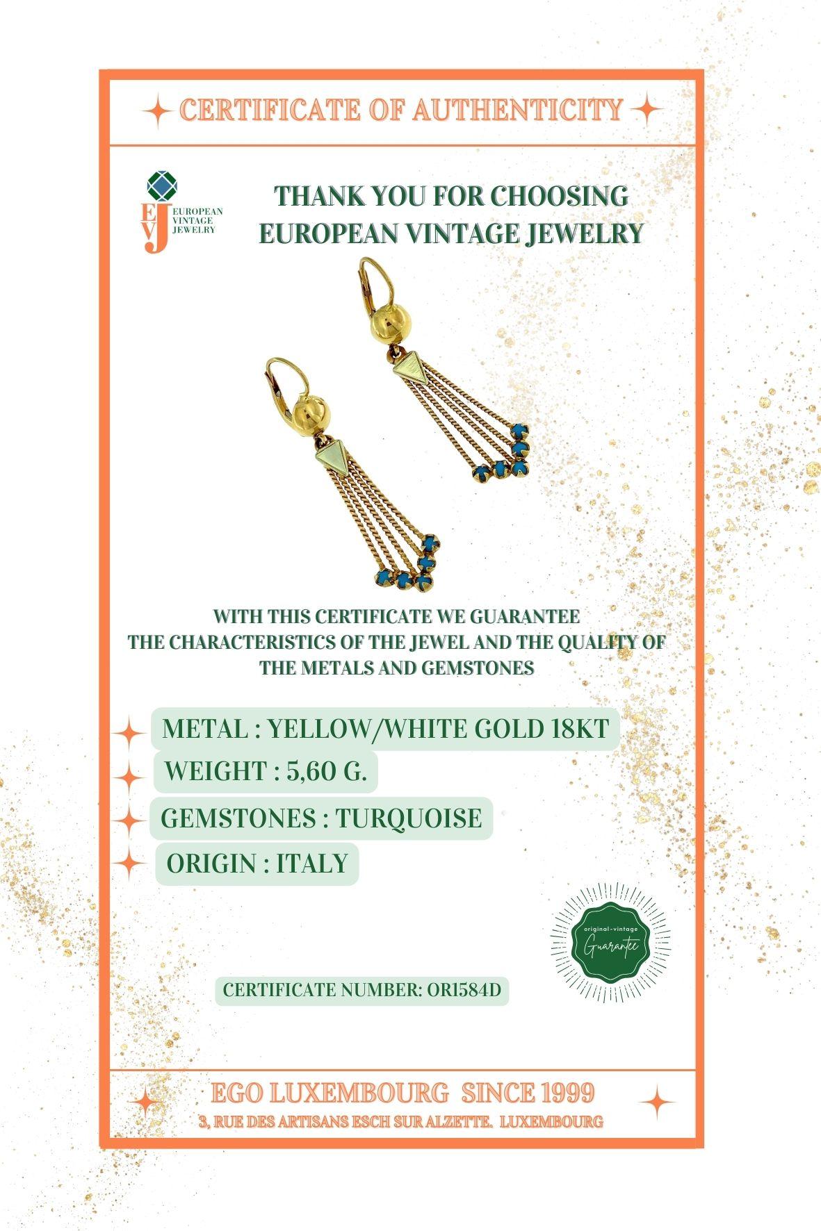 Vintage Italian Dangle Earrings Gold and Turquoise For Sale 3