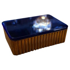 Vintage Italian Decorative Brass And Blue Glass Box 1960s