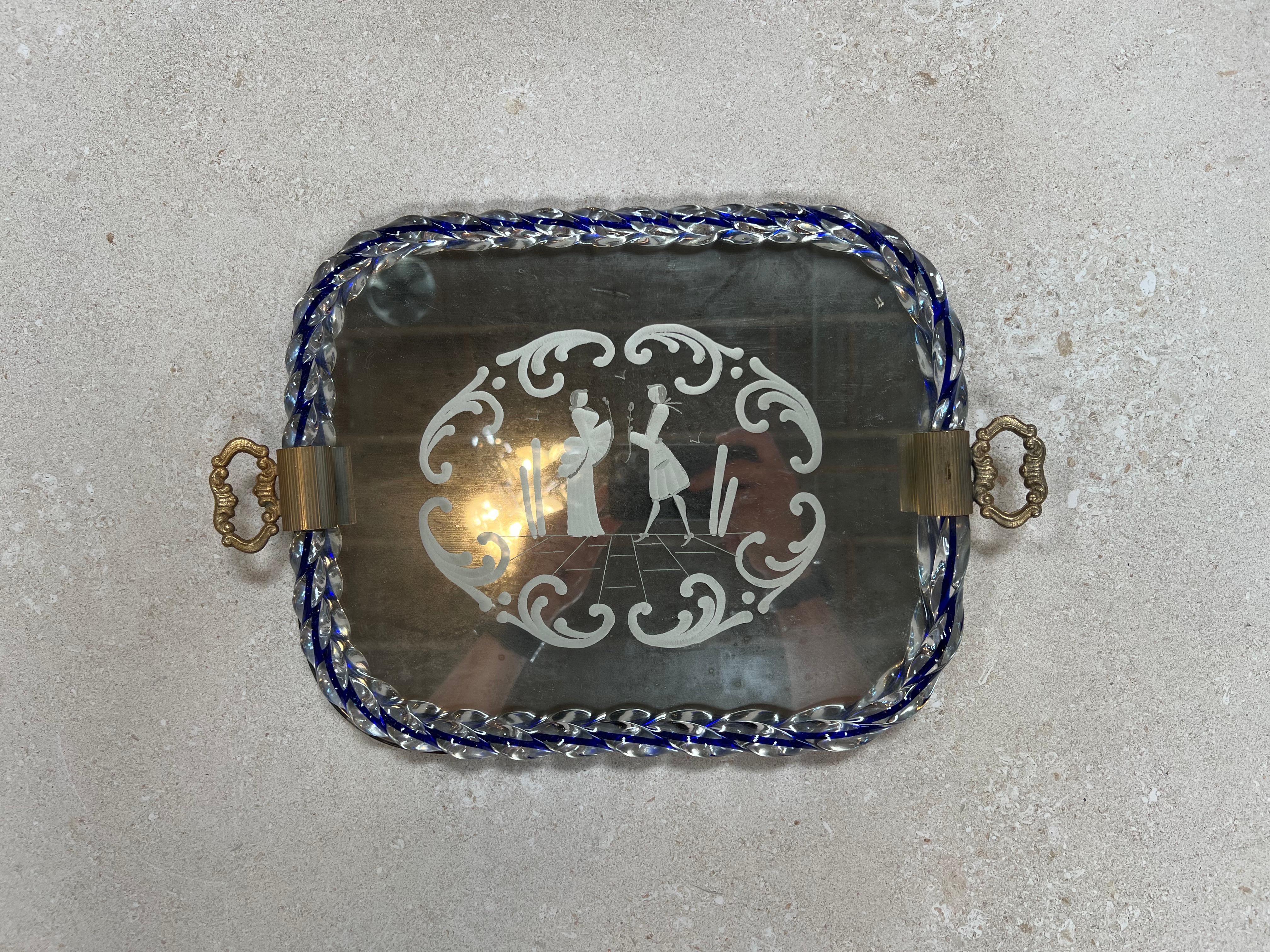 Mid-20th Century Vintage Italian Decorative Murano and Mirror Tray 1950 For Sale