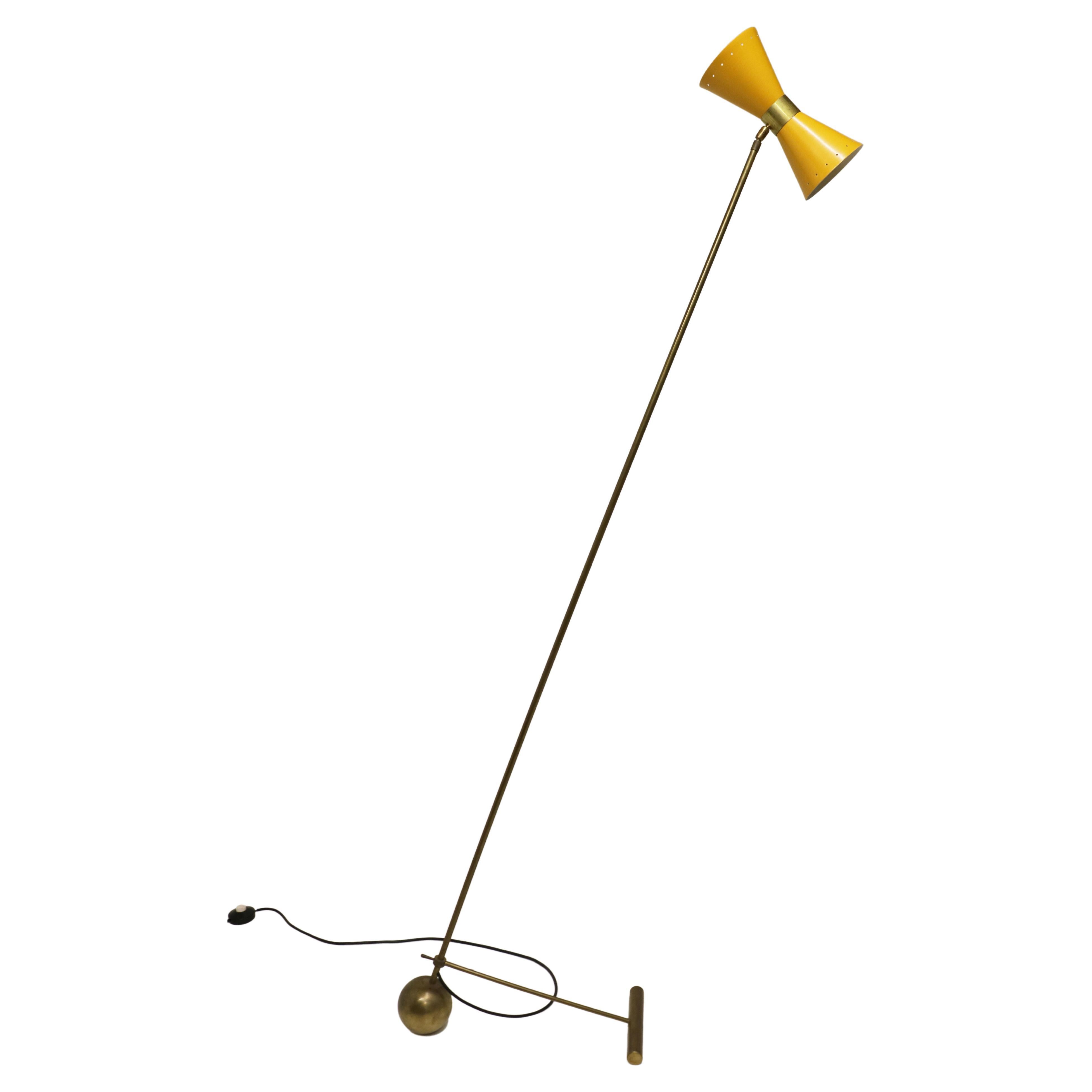Vintage Italian Design Floor Lamp Brass Yellow Diabolo 1950 Midcentury Stilnovo For Sale