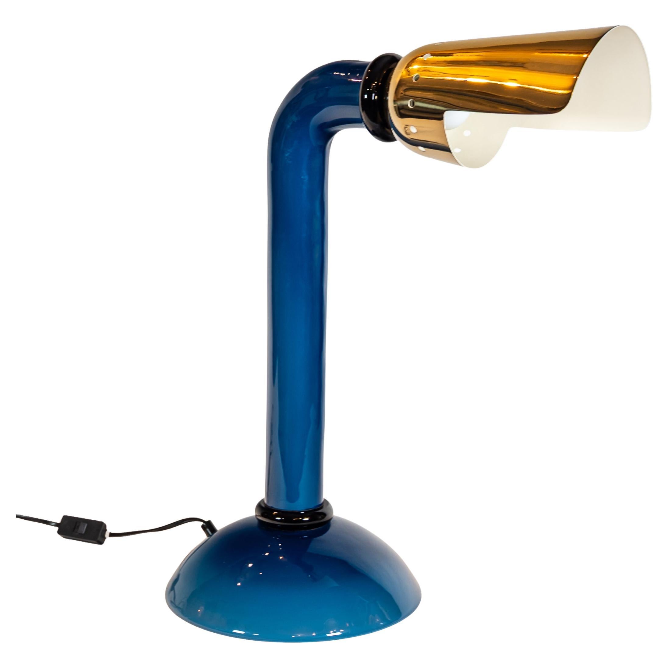 Vintage Italian design Murano Blue Glass and brass shade table or desk lamp