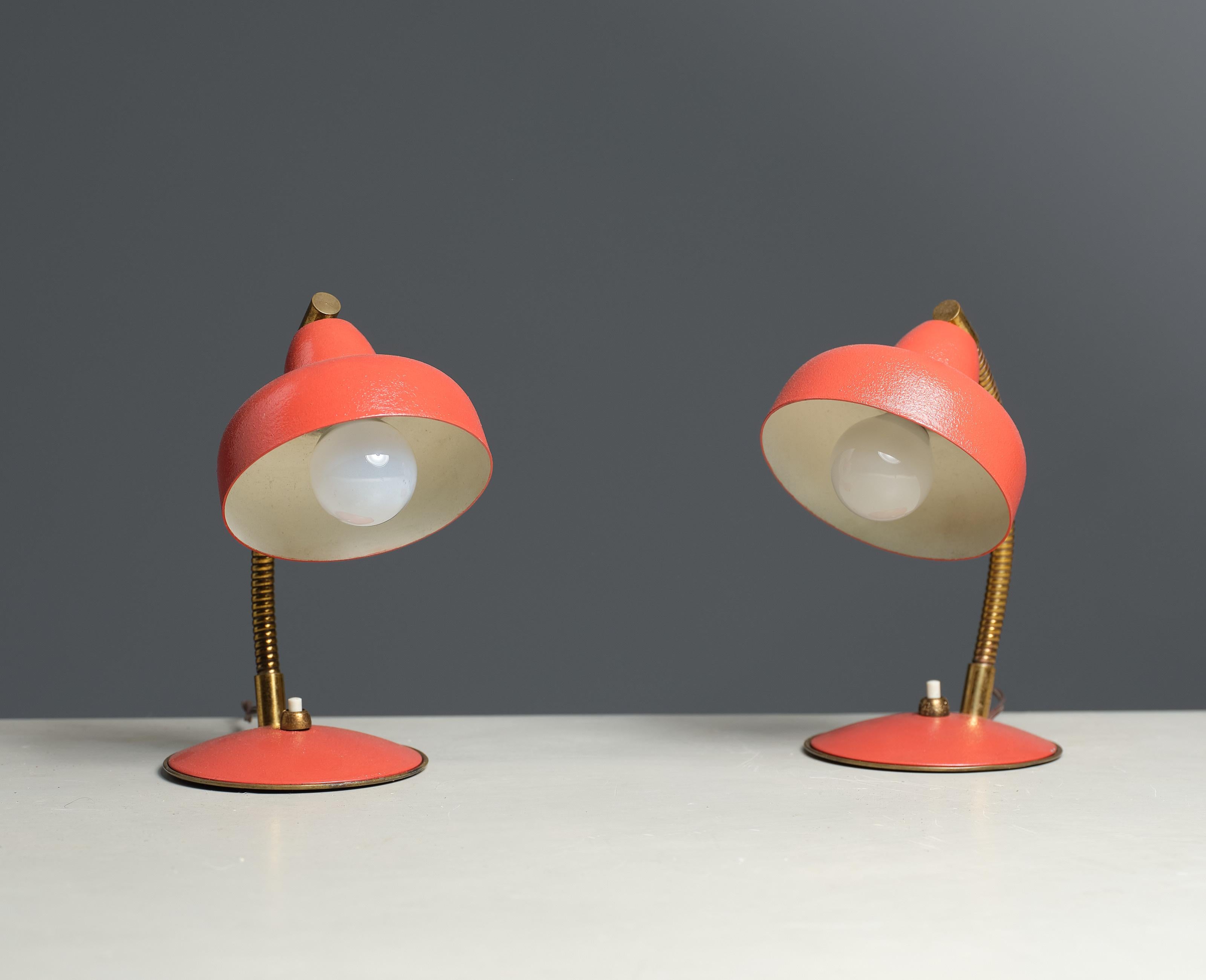 Mid-Century Modern Vintage Italian Design Table Lamps - Pair of Coral Coloured Abat Jours 1950s For Sale