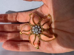 Vintage Italian Designer Coral and Diamond 18K Yellow and White Gold Brooch